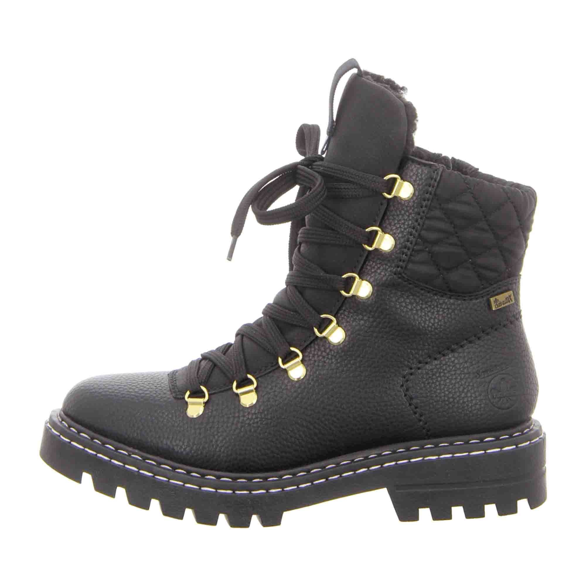 Rieker HWK Ladies Black Biker Boots with Quilted Shaft and Gold Accents