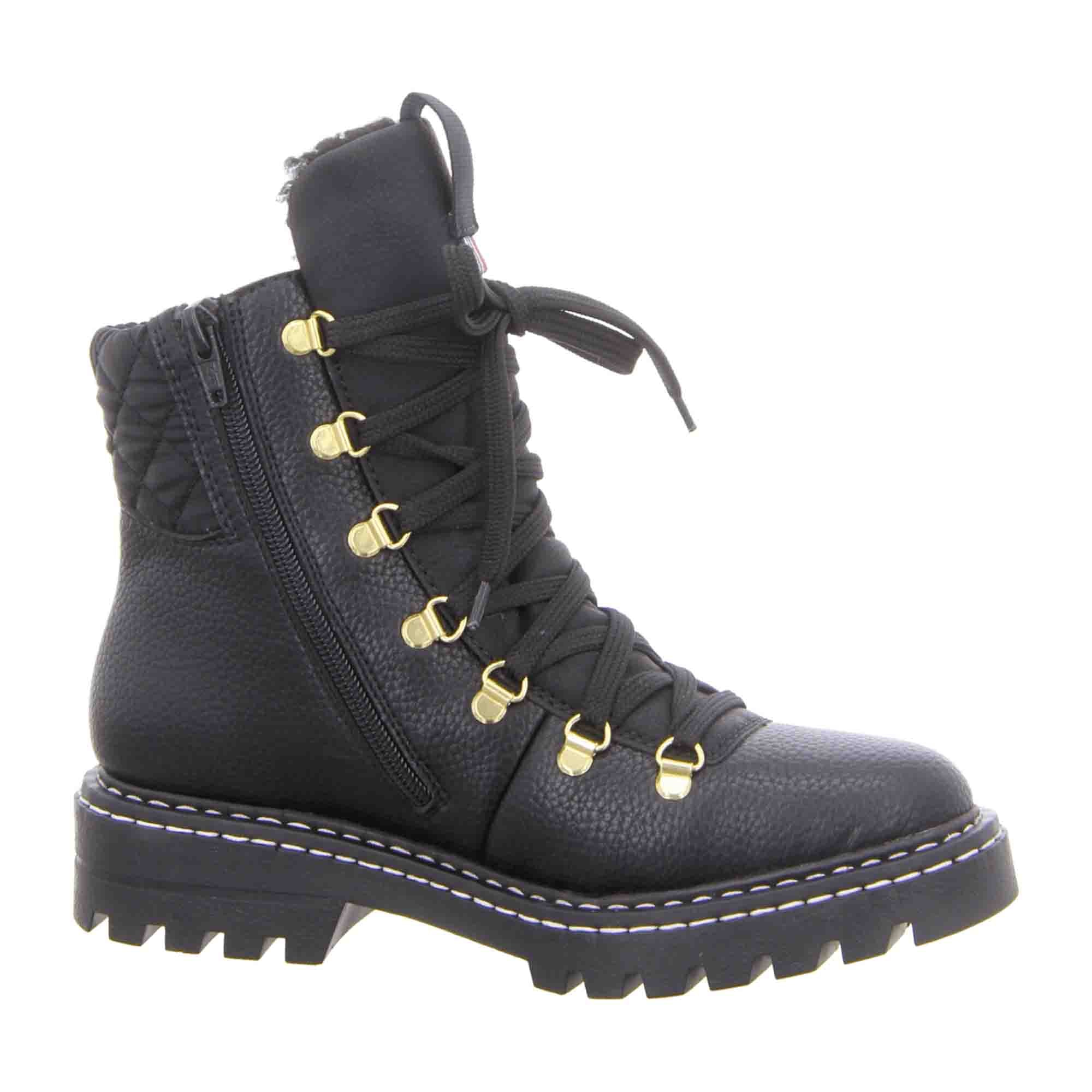 Rieker HWK Ladies Black Biker Boots with Quilted Shaft and Gold Accents