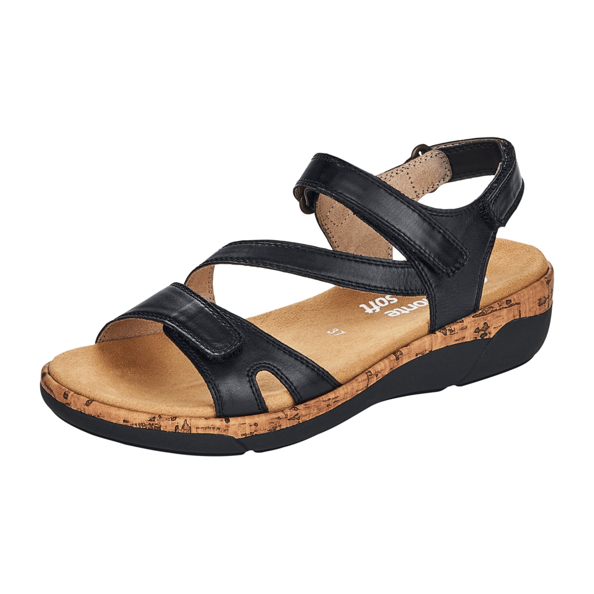 Remonte Black Leather Strap Sandals for Women with Velcro and Cushioned Sole