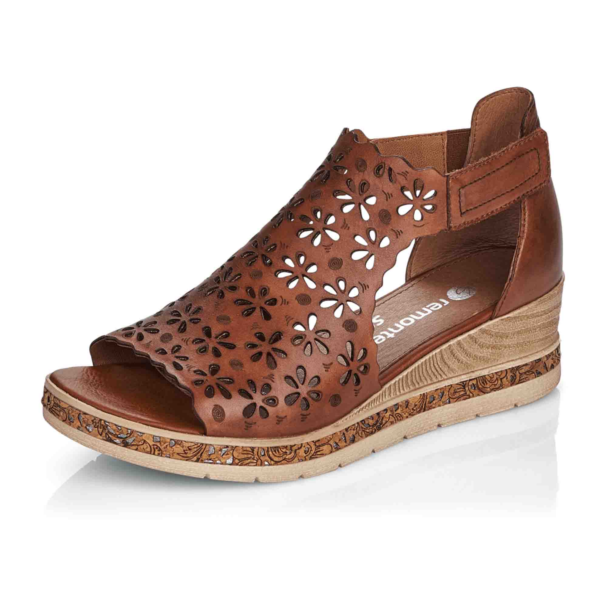 Remonte Brown Leather Wedge Sandals for Women with Floral Design and Comfort Features