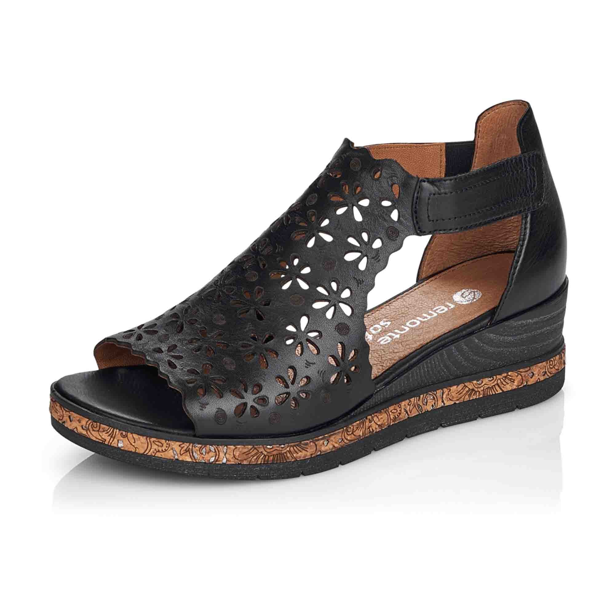 Remonte Black Leather Wedge Sandals for Women with Floral Design and Velcro Strap