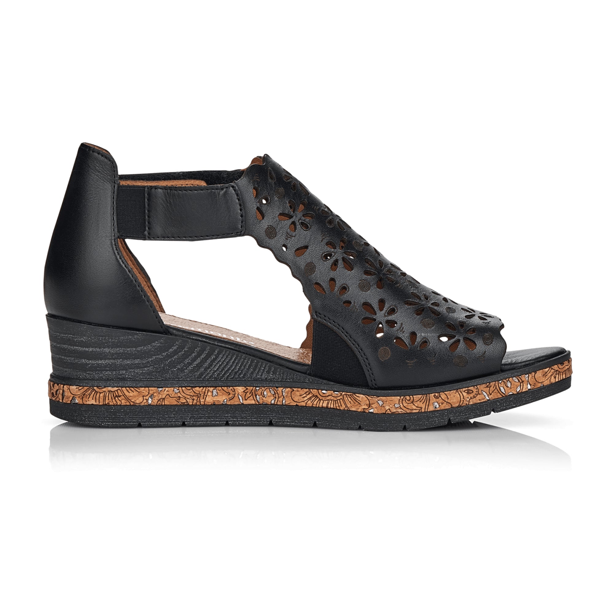 Remonte Black Leather Wedge Sandals for Women with Floral Design and Velcro Strap