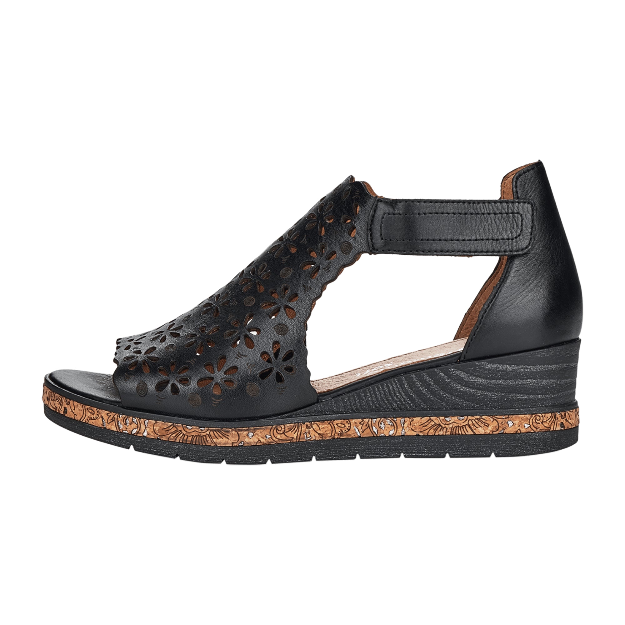 Remonte Black Leather Wedge Sandals for Women with Floral Design and Velcro Strap