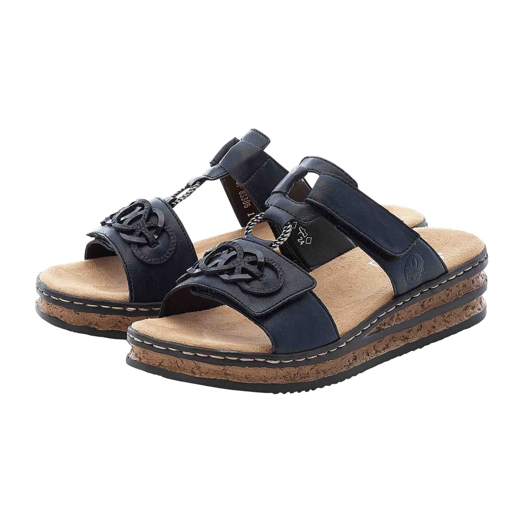 Rieker Women's Blue Pantolette Sandals with 30mm Heel and Velcro Closure
