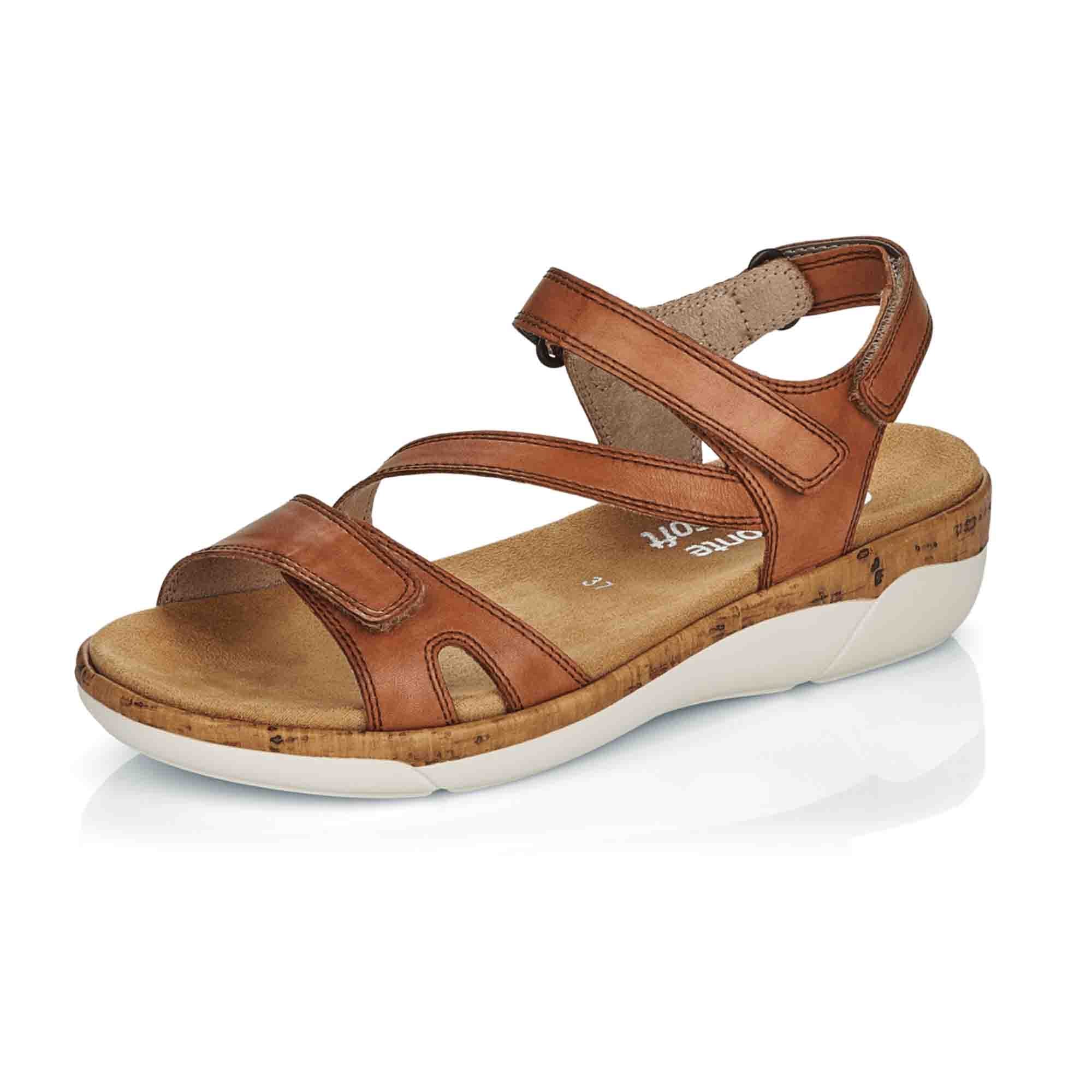 Remonte Women's Brown Leather Sandals with Velcro Strap and Cushioned Insole