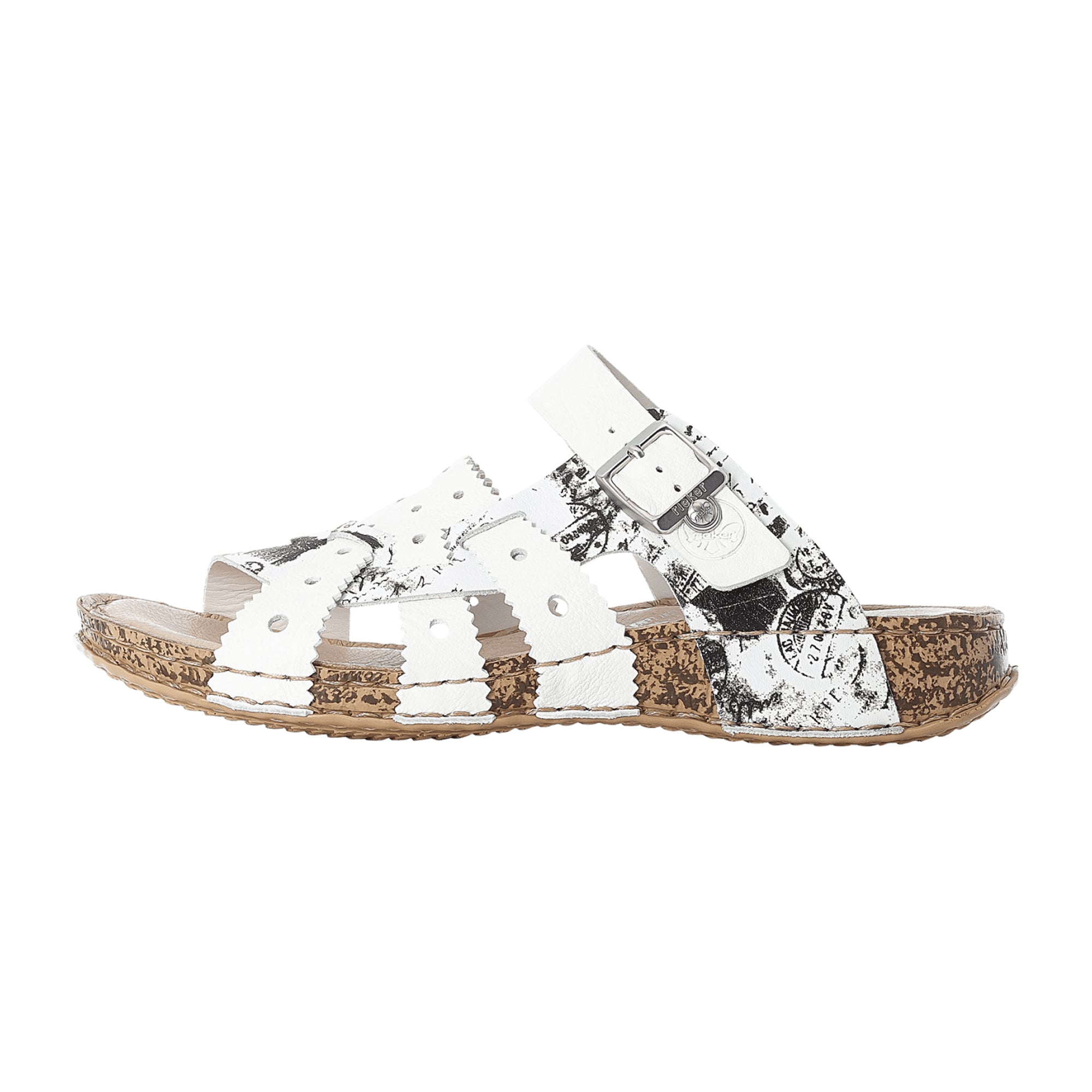 Rieker FSK White Leather Women's Sandals with Buckle Closure and Wedge Heel