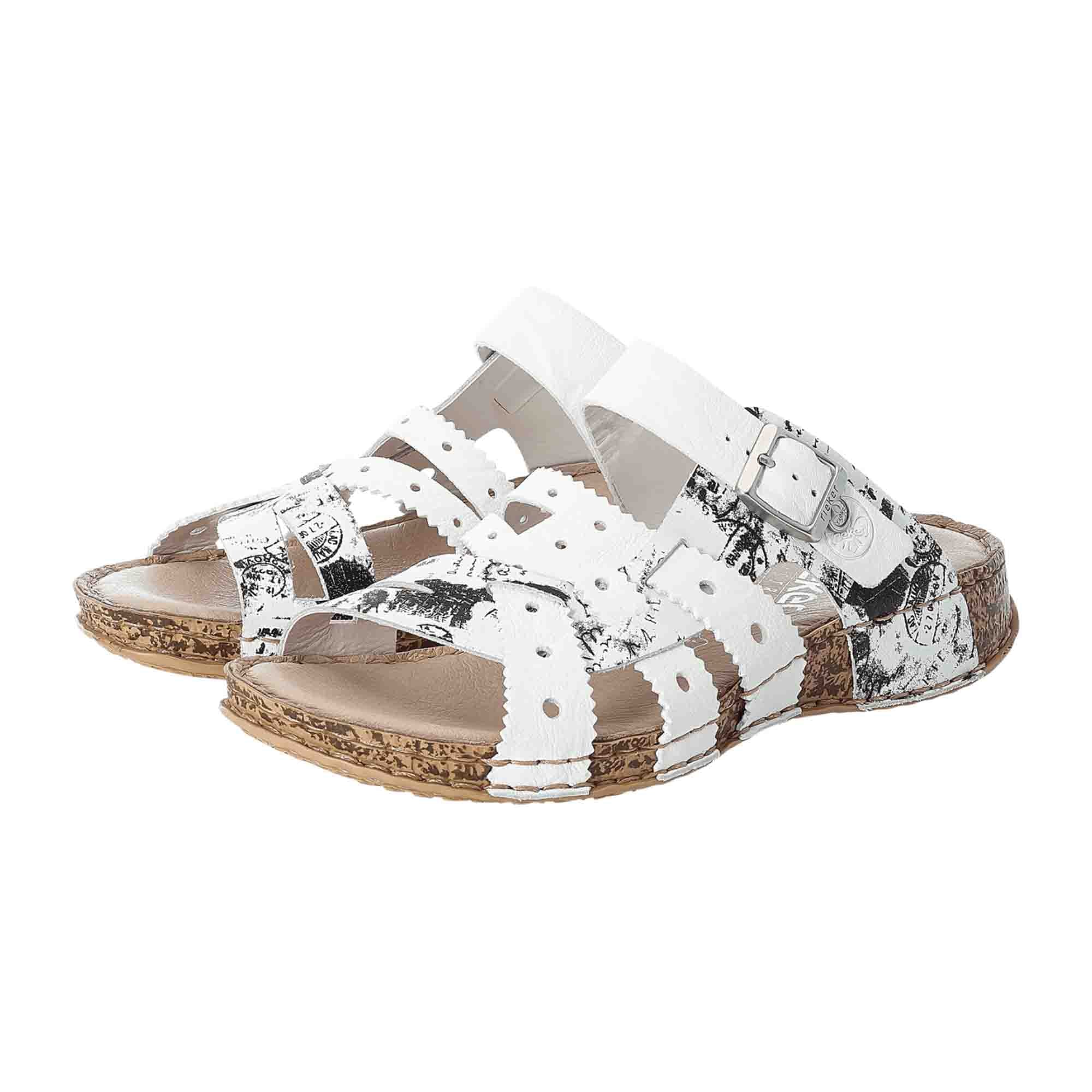 Rieker FSK White Leather Women's Sandals with Buckle Closure and Wedge Heel