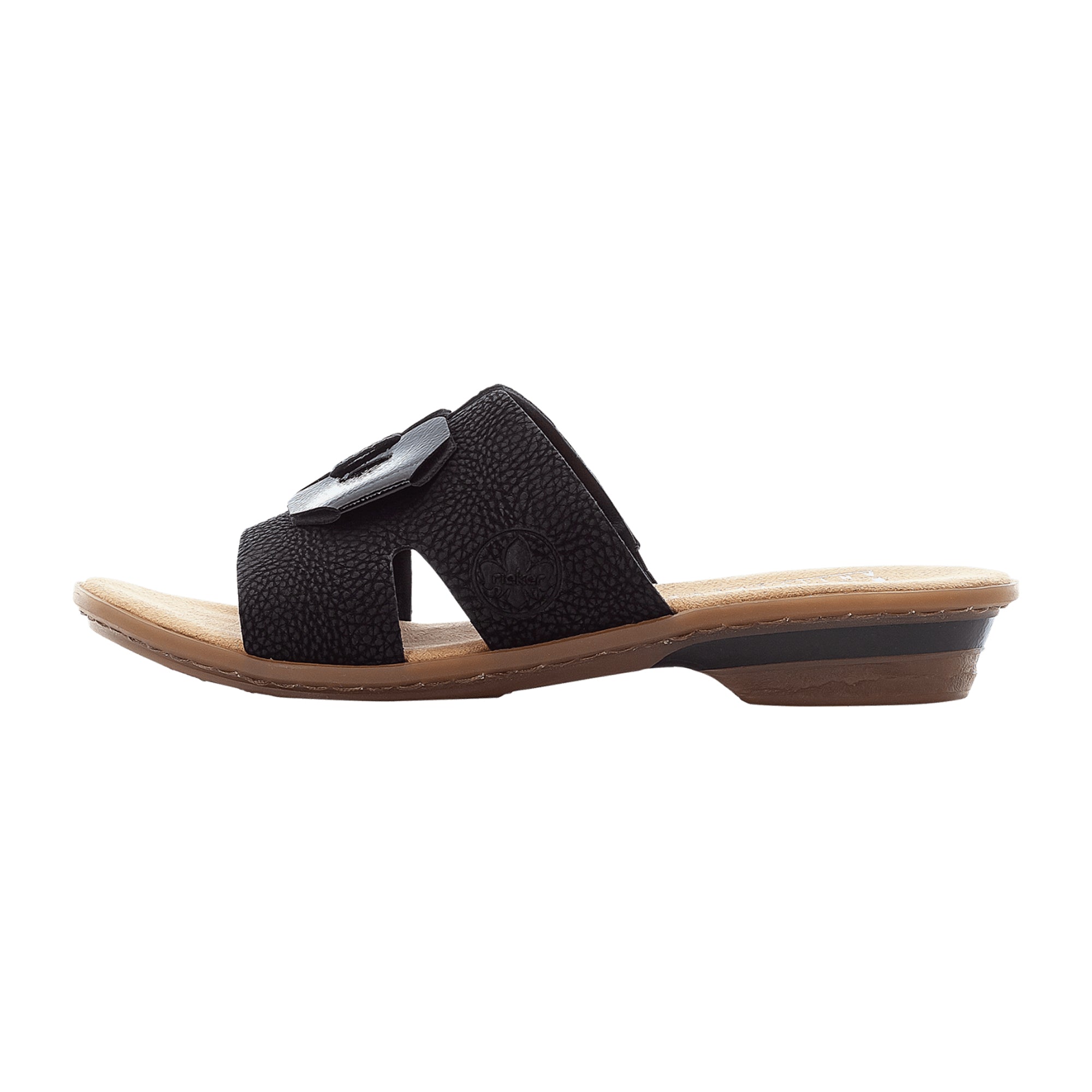 Rieker Black Slip-On Women's Sandals with Lacquer Detail and Block Heel