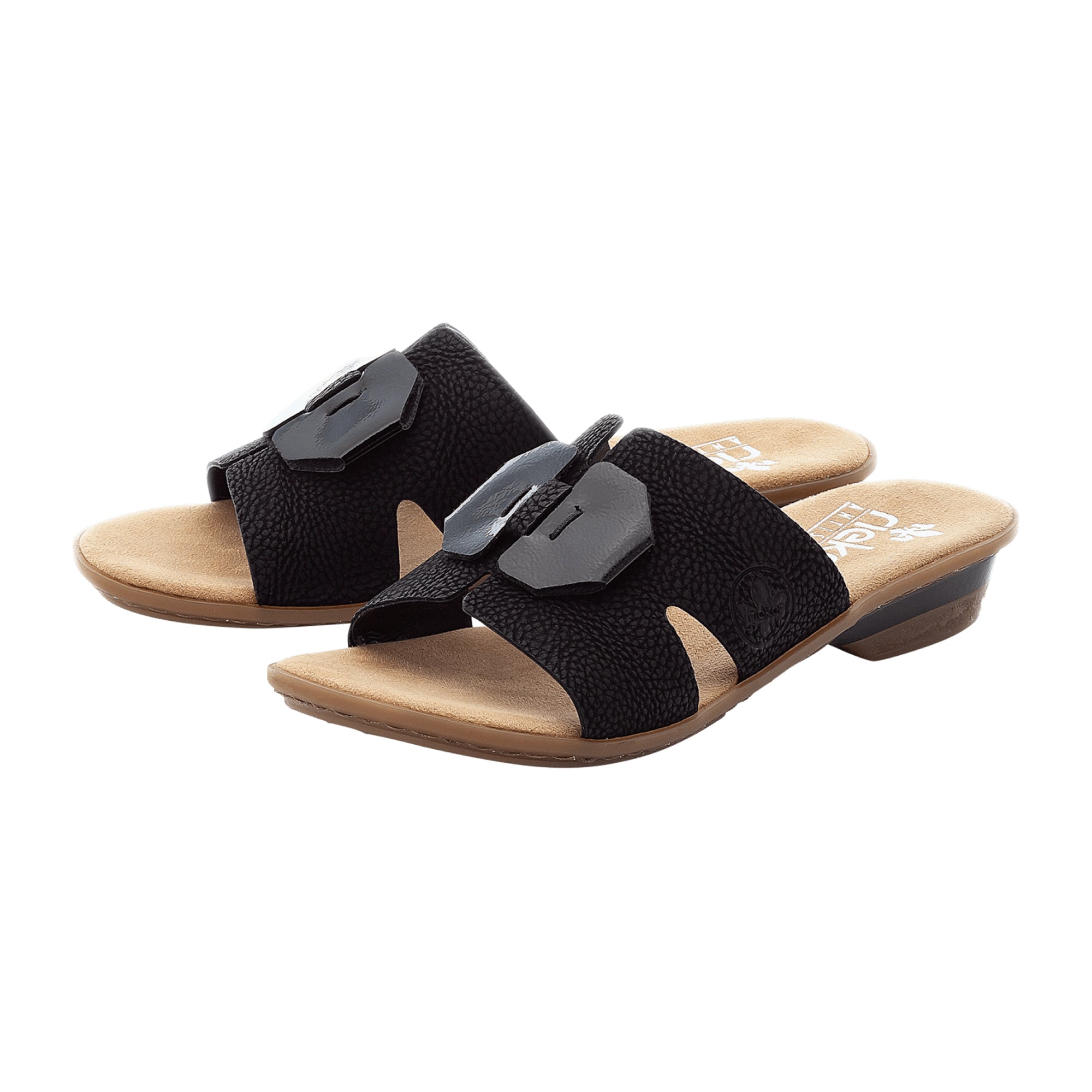 Rieker Black Slip-On Women's Sandals with Lacquer Detail and Block Heel