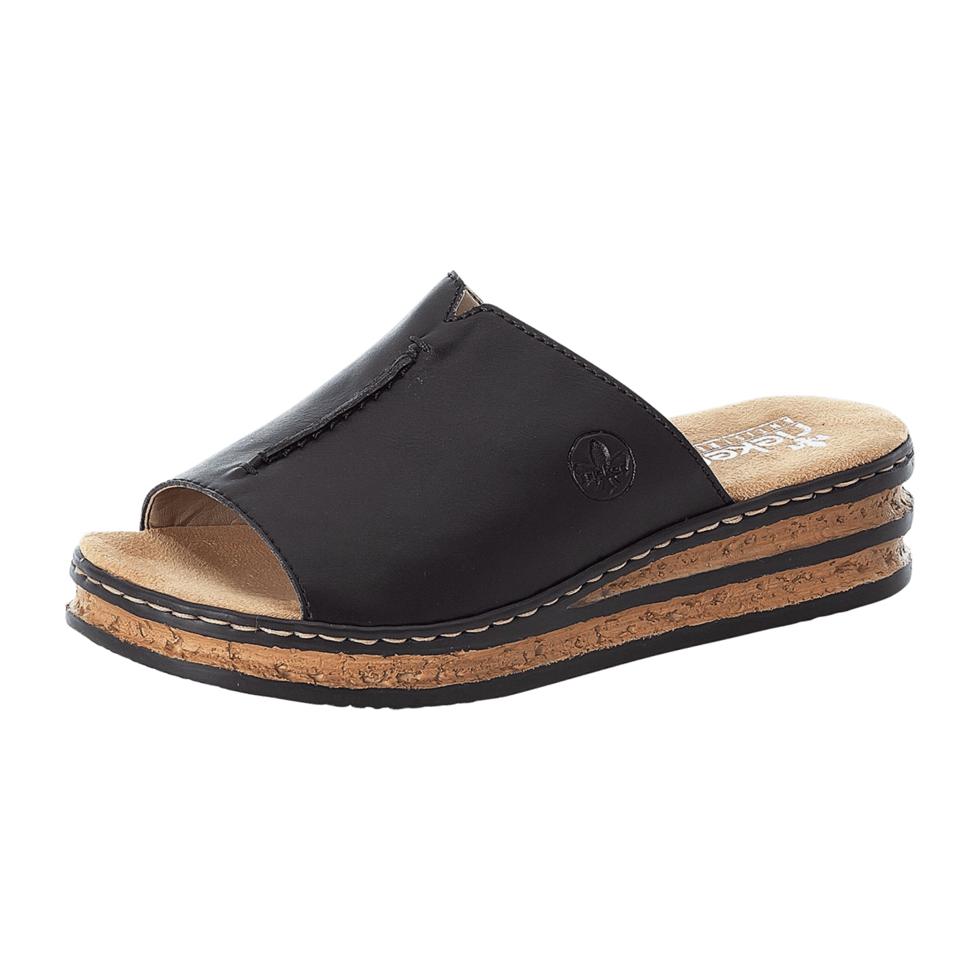 Rieker Women's Black Slip-On Sandals with Wedge Heel and Soft Insole