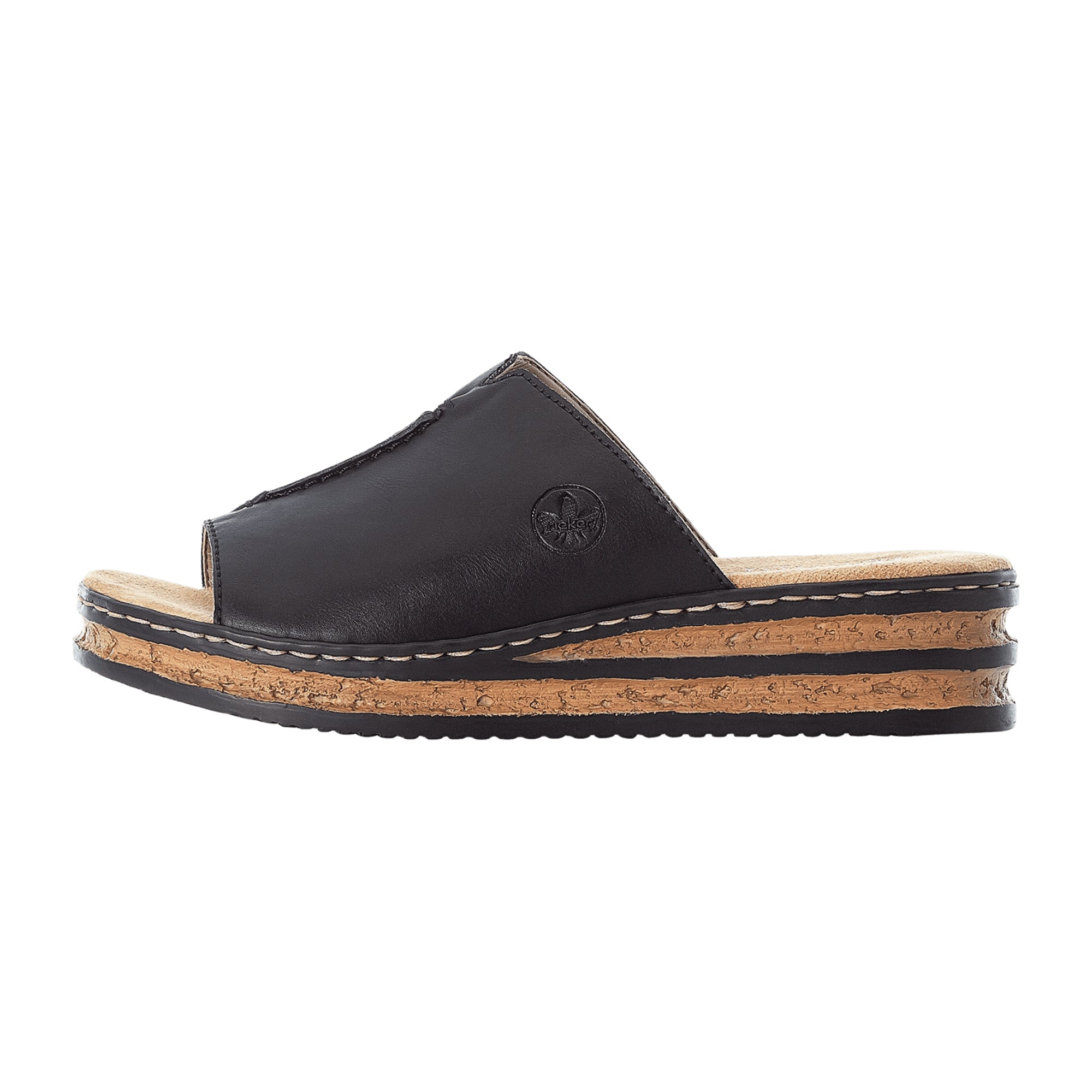 Rieker Women's Black Slip-On Sandals with Wedge Heel and Soft Insole
