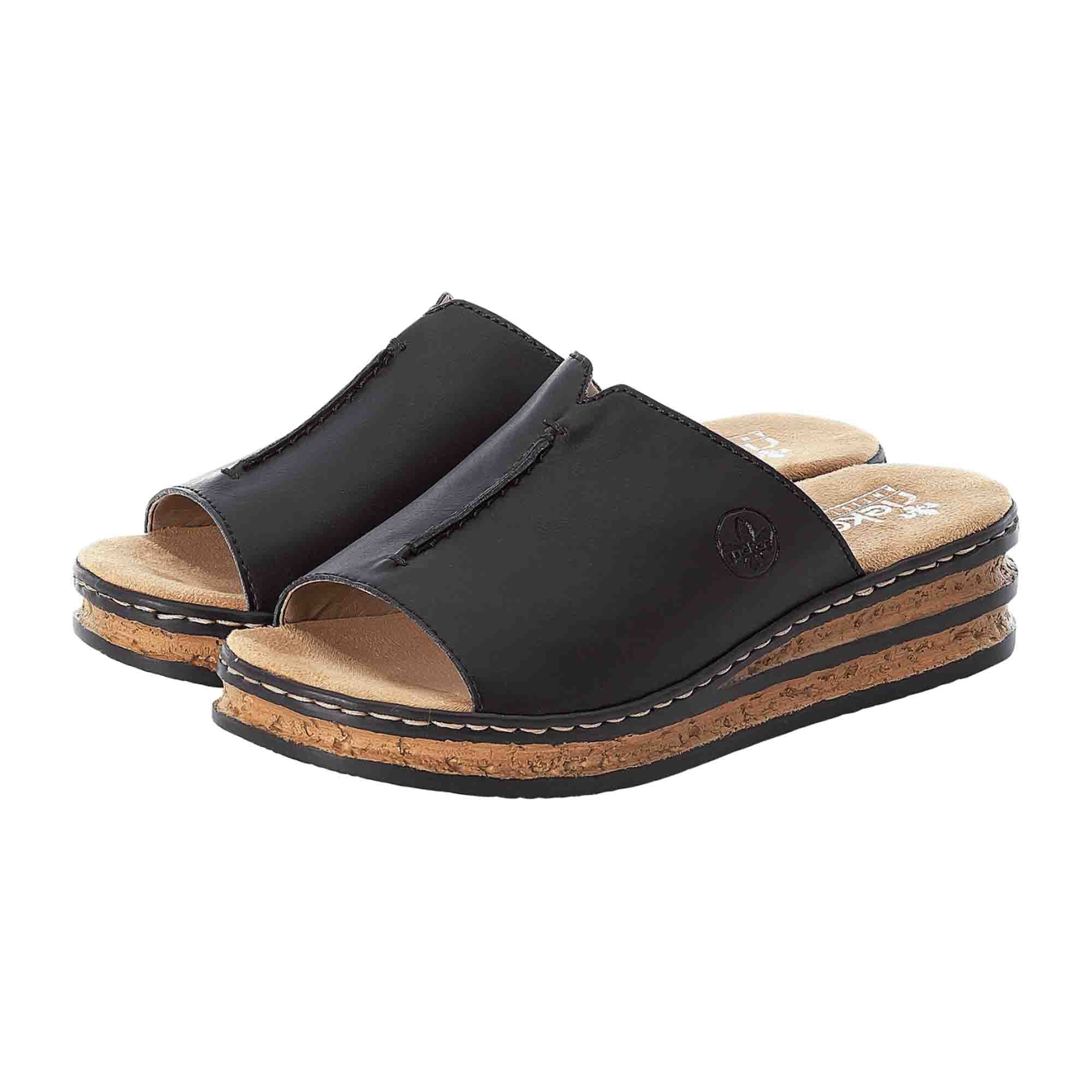Rieker Women's Black Slip-On Sandals with Wedge Heel and Soft Insole
