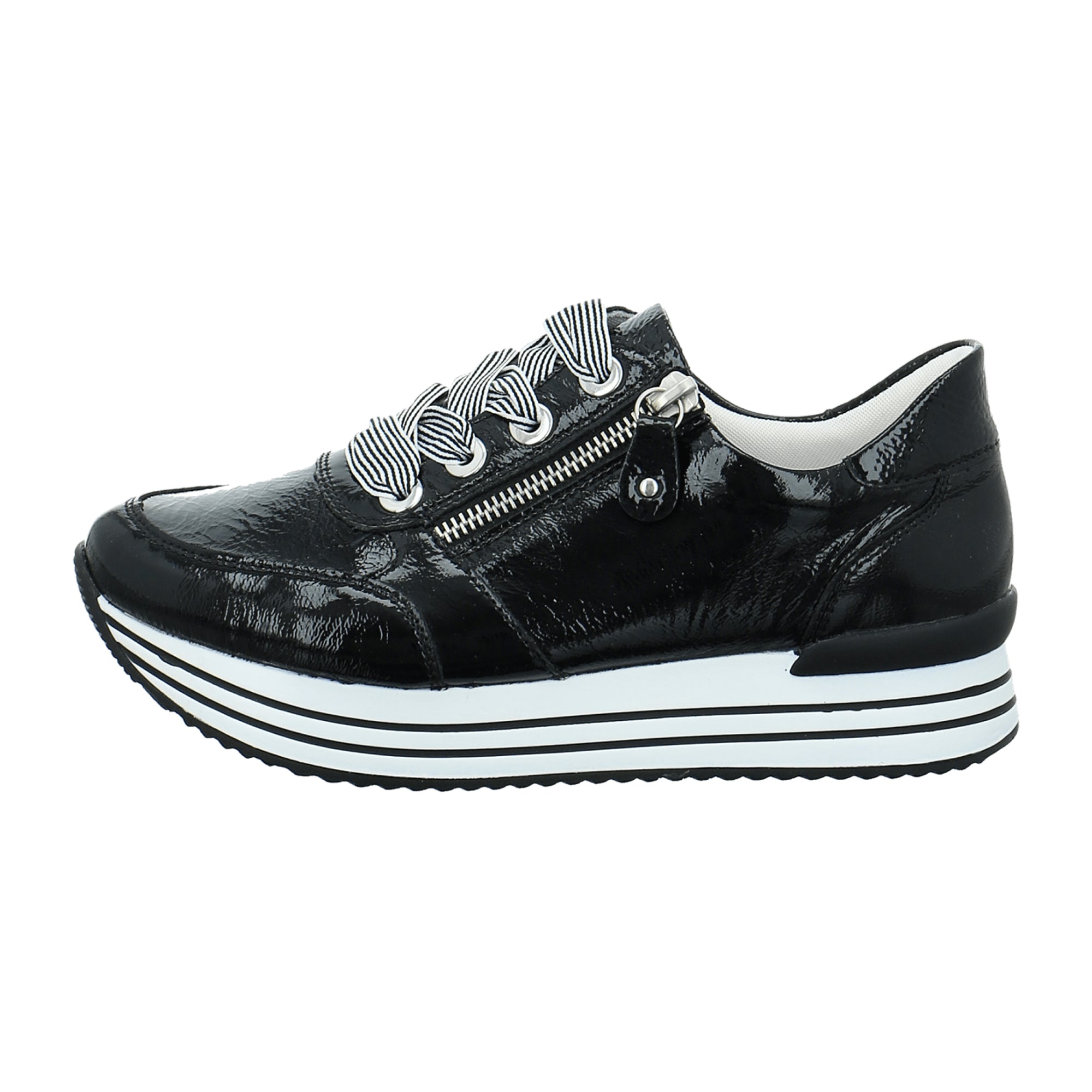 Remonte Women's Black Patent Leather Sneakers with Zip and Laces