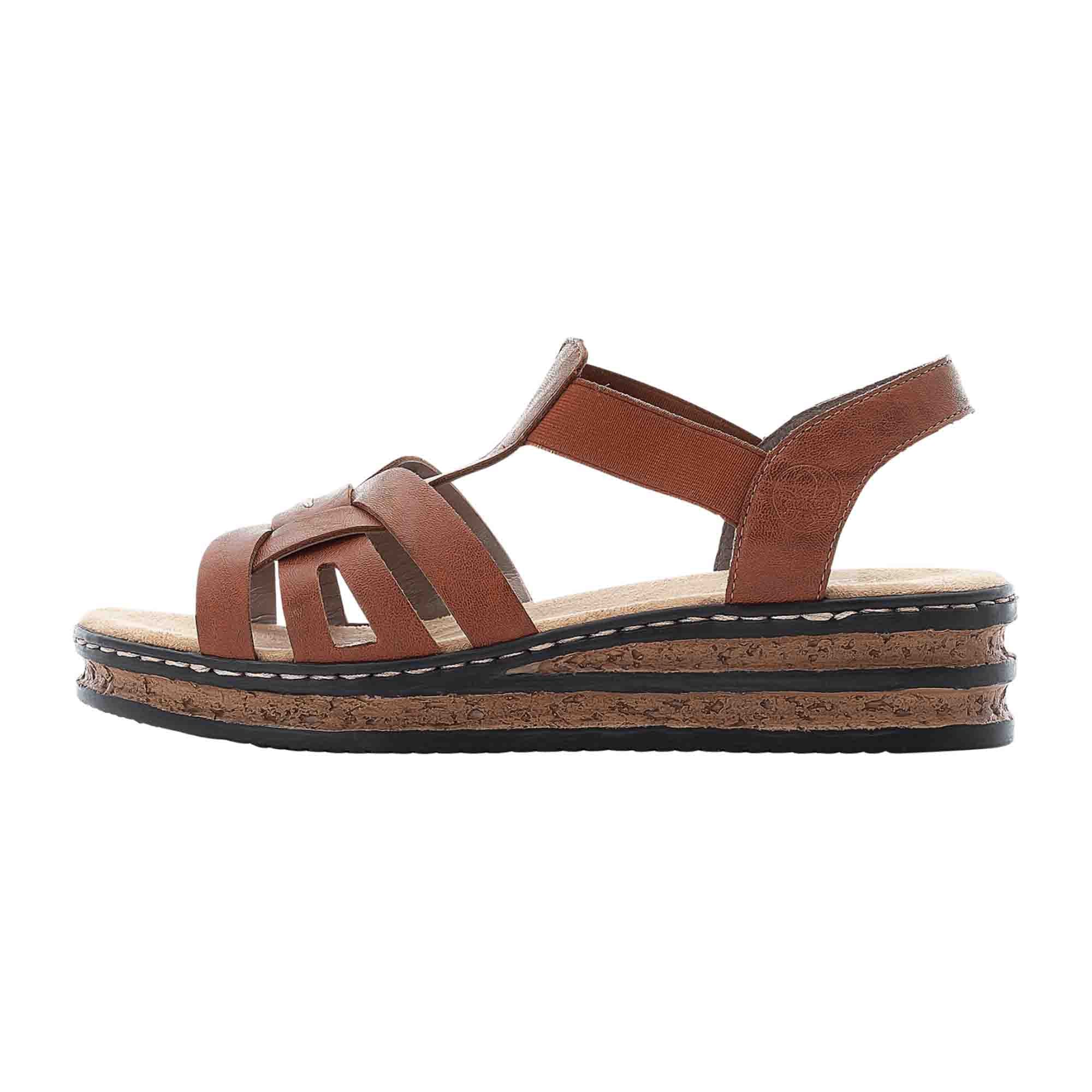 Rieker Women's Brown Wedge Sandals with Elastic Strap and Cushioned Sole