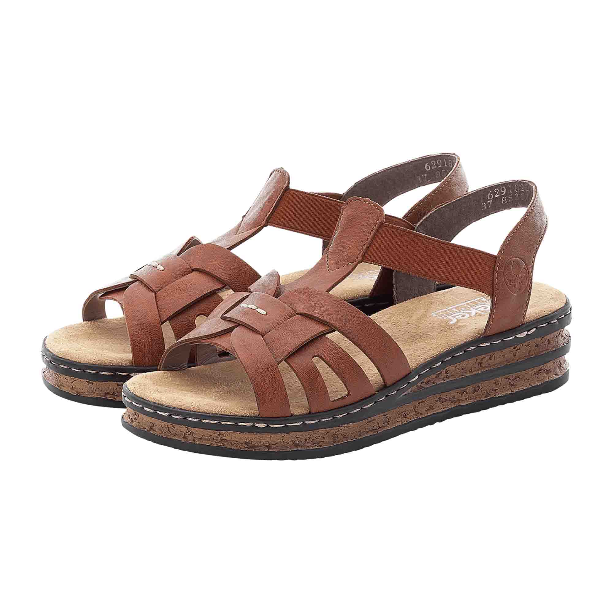 Rieker Women's Brown Wedge Sandals with Elastic Strap and Cushioned Sole