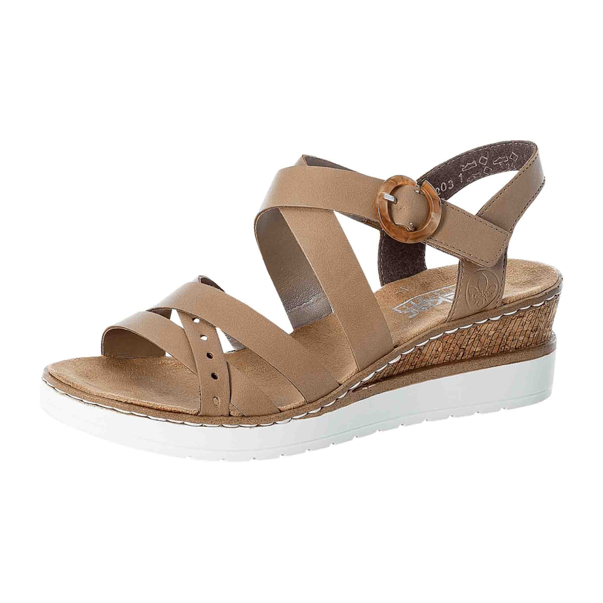 Rieker V3841 Beige Women's Sandals with Velcro Strap and Wedge Heel