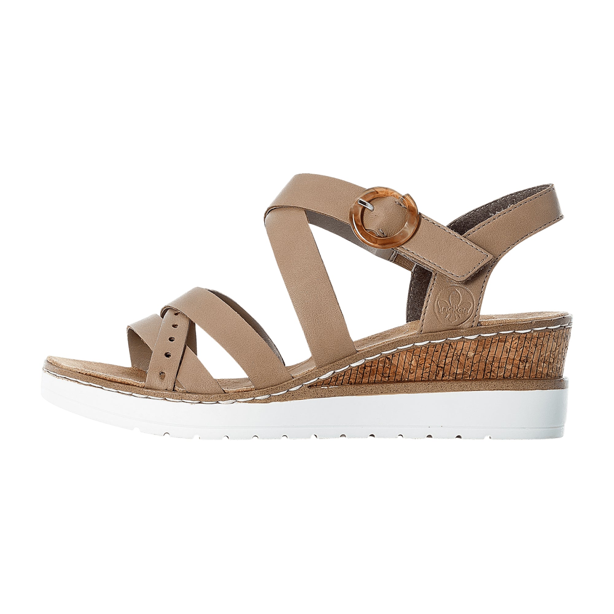 Rieker V3841 Beige Women's Sandals with Velcro Strap and Wedge Heel