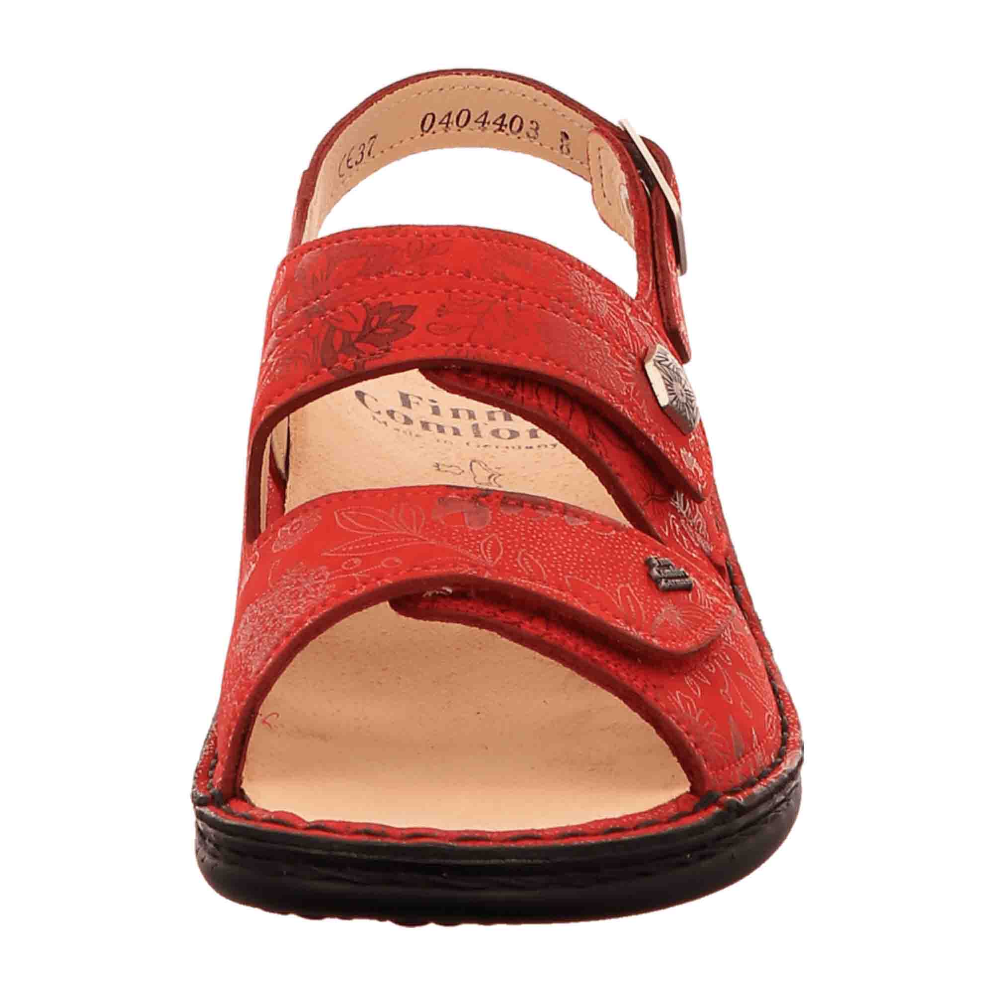 Finn Comfort Milos Women's Sandals - Red Nubuck Leather with Flower Design and Metal Brooch, Adjustable Fit