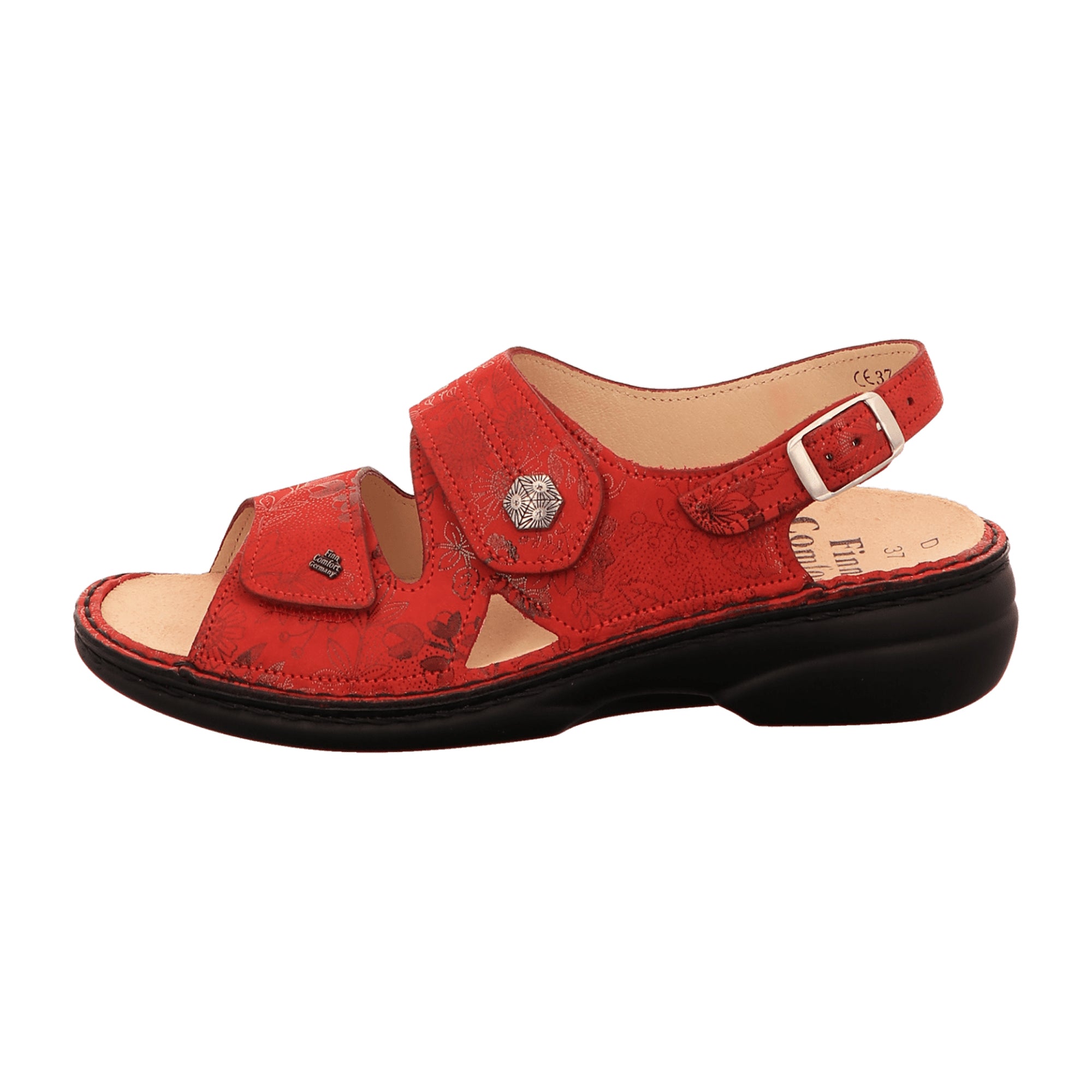 Finn Comfort Milos Women's Sandals - Red Nubuck Leather with Flower Design and Metal Brooch, Adjustable Fit