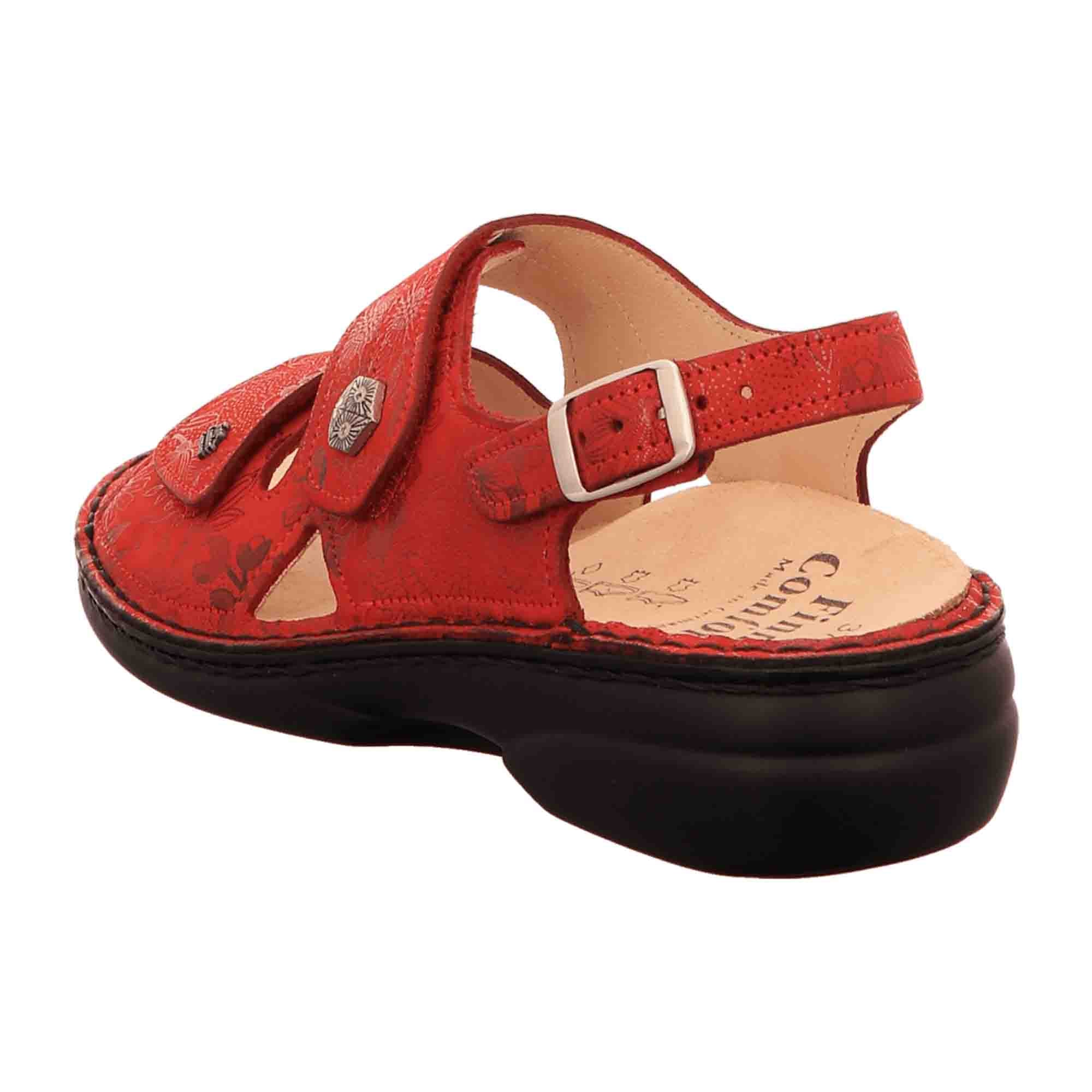 Finn Comfort Milos Women's Sandals - Red Nubuck Leather with Flower Design and Metal Brooch, Adjustable Fit