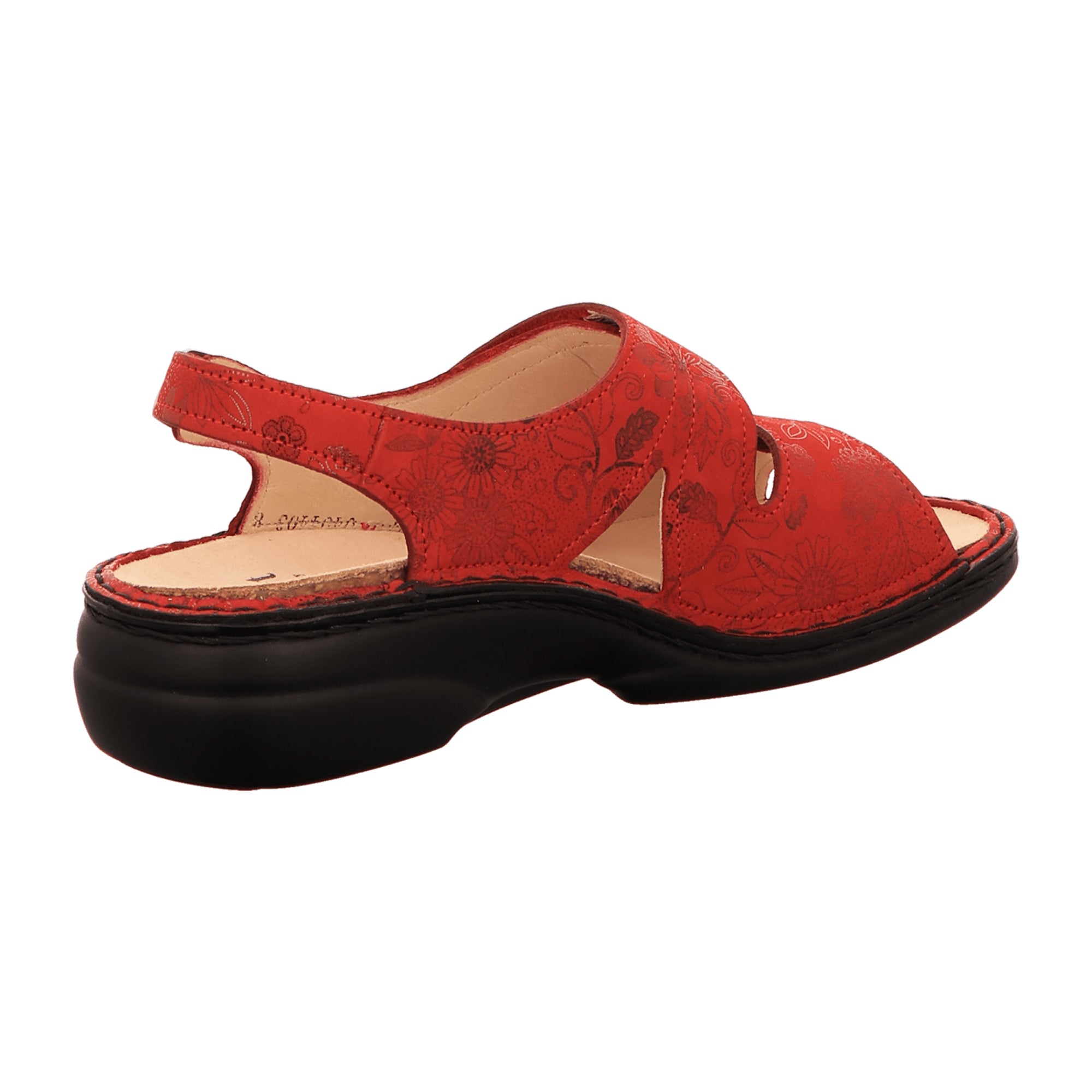 Finn Comfort Milos Women's Sandals - Red Nubuck Leather with Flower Design and Metal Brooch, Adjustable Fit