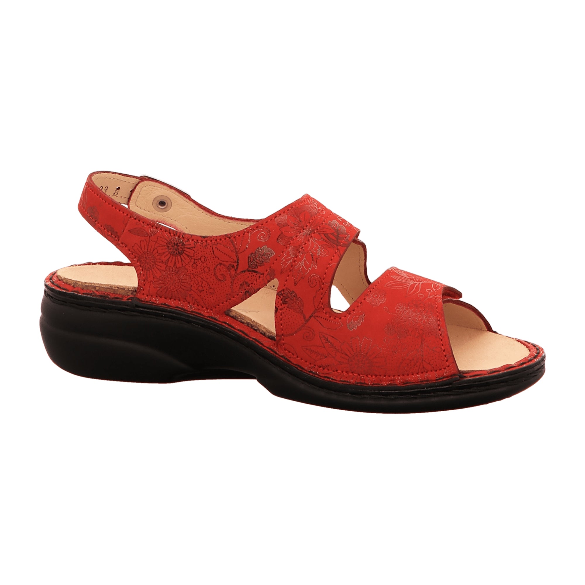 Finn Comfort Milos Women's Sandals - Red Nubuck Leather with Flower Design and Metal Brooch, Adjustable Fit