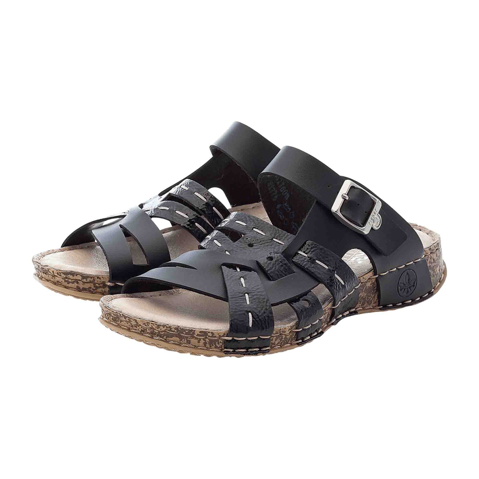 Rieker FSK Black Women's Shoes with Buckle and Wedge Heel for Spring Summer