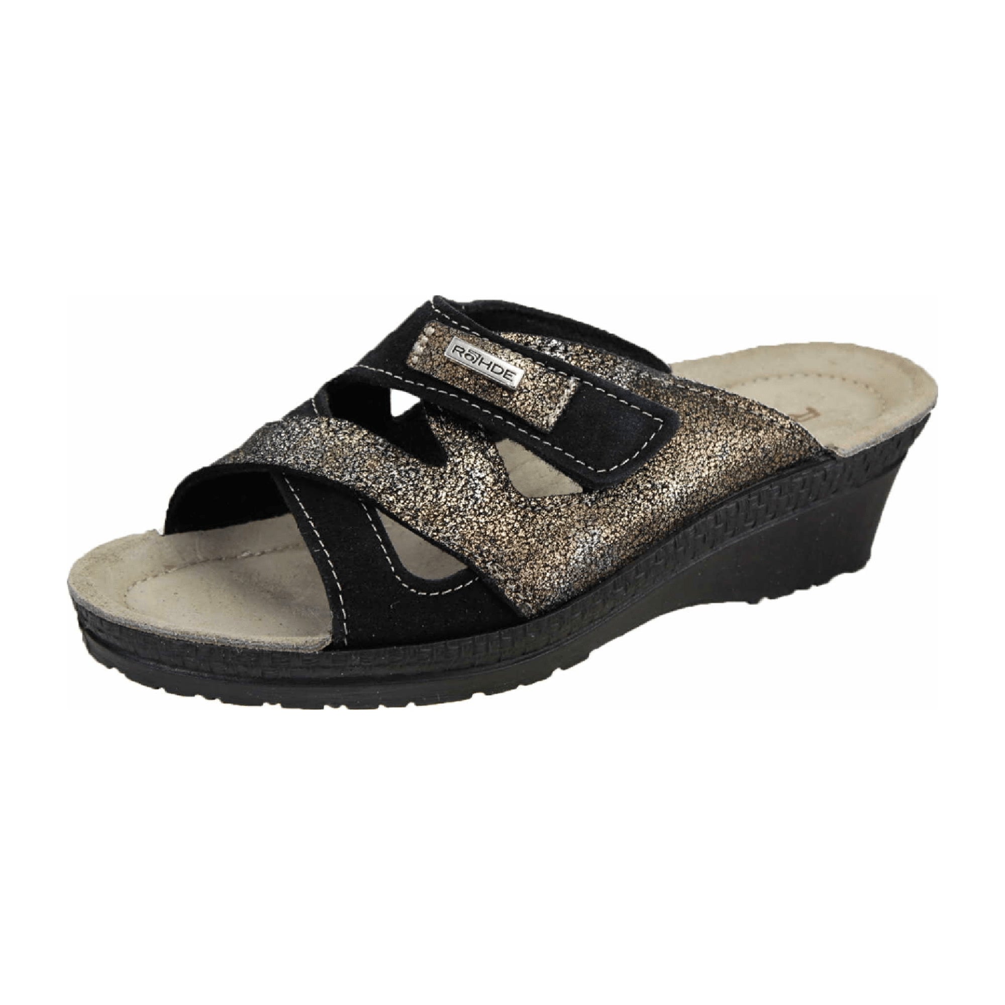 Rohde Women's Black Suede Comfort Sandals with Velcro Closure and Wedge Heel