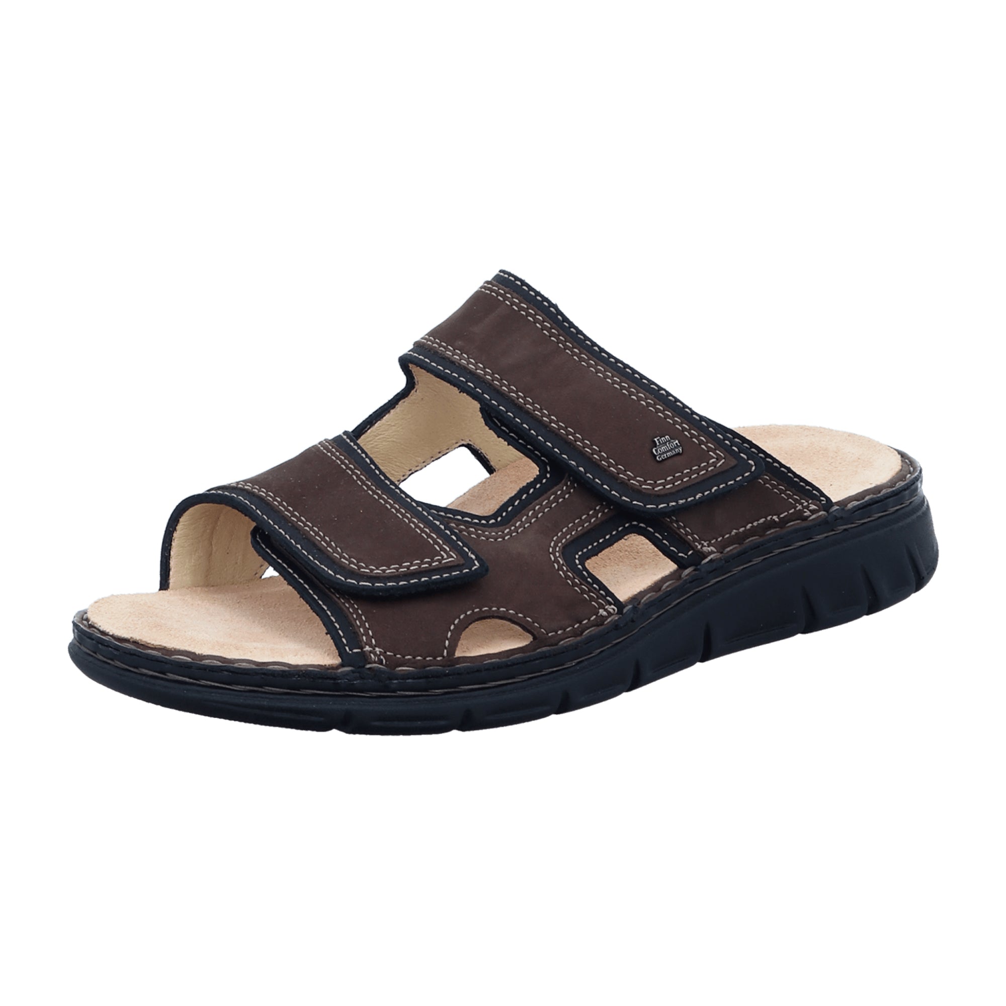 Finn Comfort Thasos-Soft Men's Sandals - Brown Leather Comfort Slides with Adjustable Straps