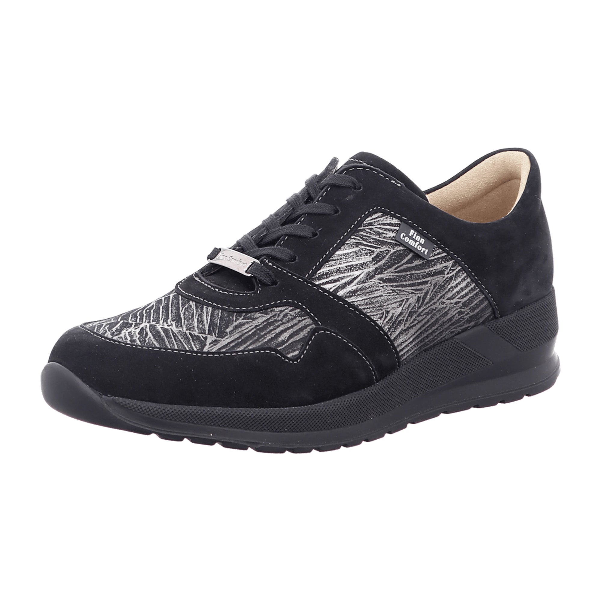 Finn Comfort Drena Women's Comfort Lace-Up Shoes - Black/Silver with Removable Insole, Nubuck/Crumble Leather