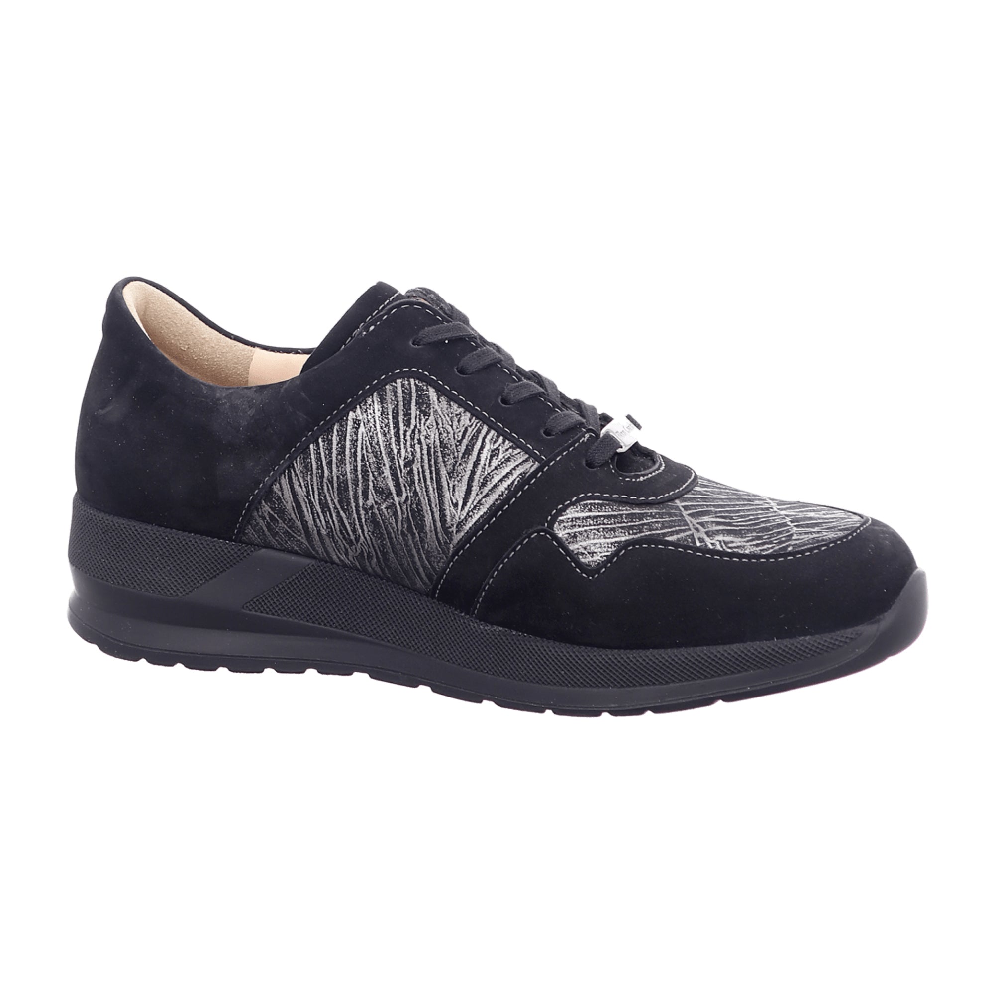 Finn Comfort Drena Women's Comfort Lace-Up Shoes - Black/Silver with Removable Insole, Nubuck/Crumble Leather