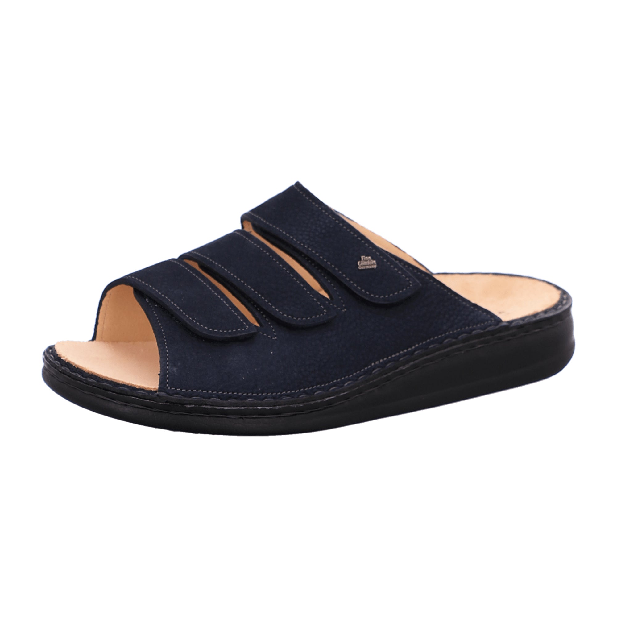 Finn Comfort Korfu Men's Sandals - Blue Leather Comfort Slides with Adjustable Straps and Soft Footbed