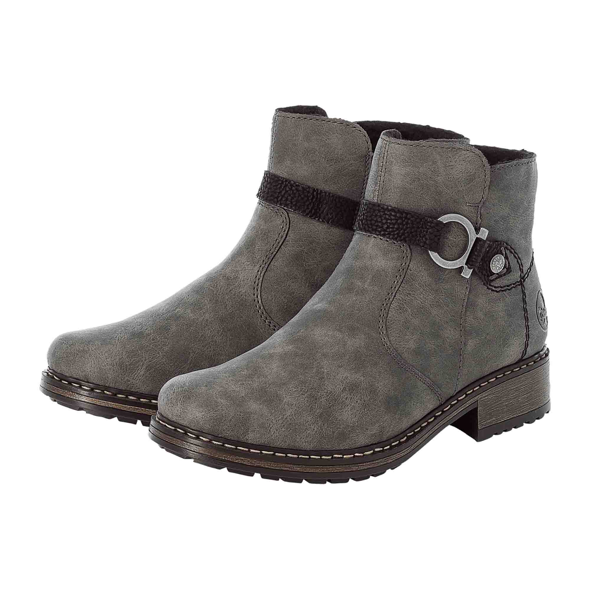 Rieker HWK Women's Gray Biker Boots with Warm Lining and Side Zipper