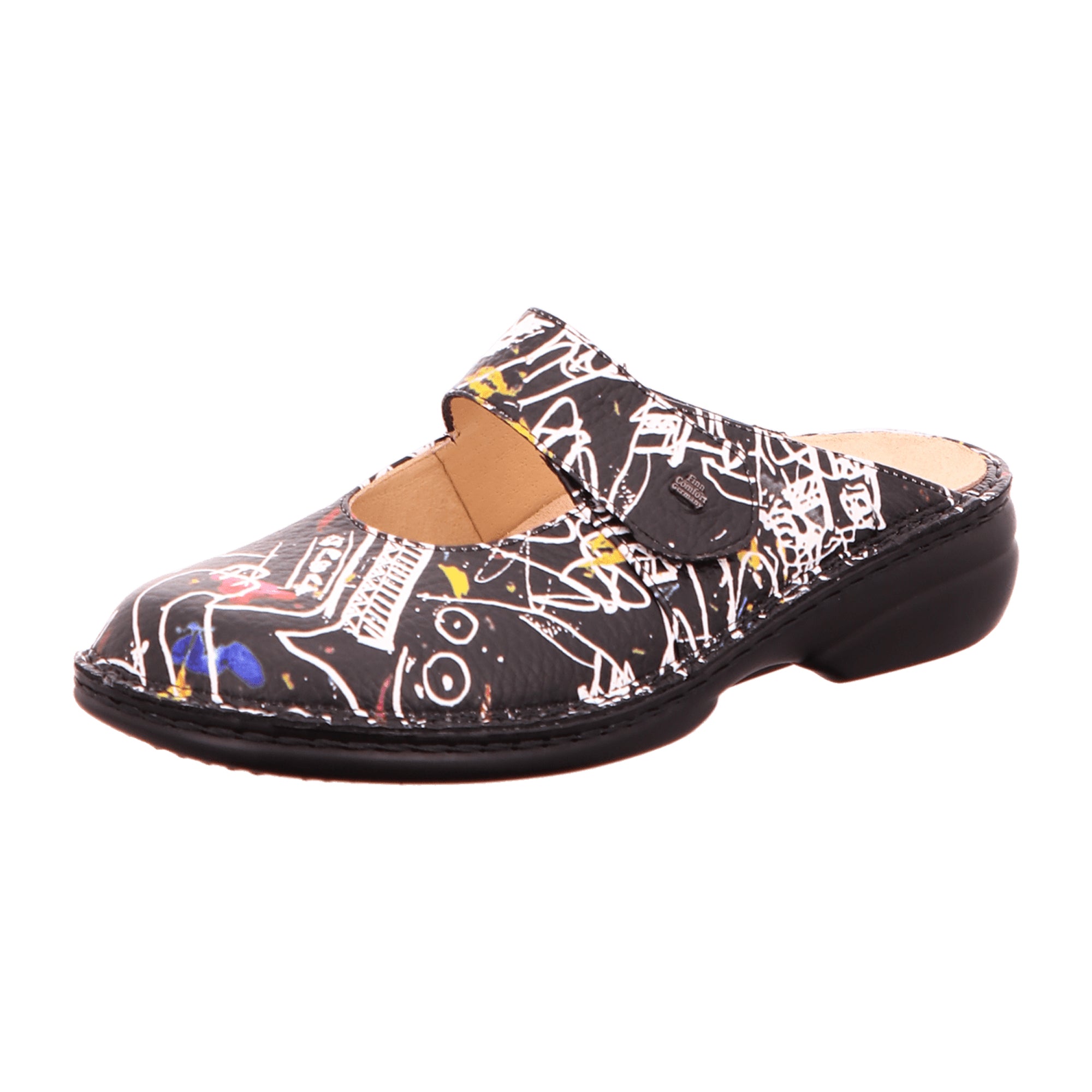 Finn Comfort Stanford Blackmulti Clogs - Fashionable Multi-Color Leather Slides for Women with Interchangeable Footbed