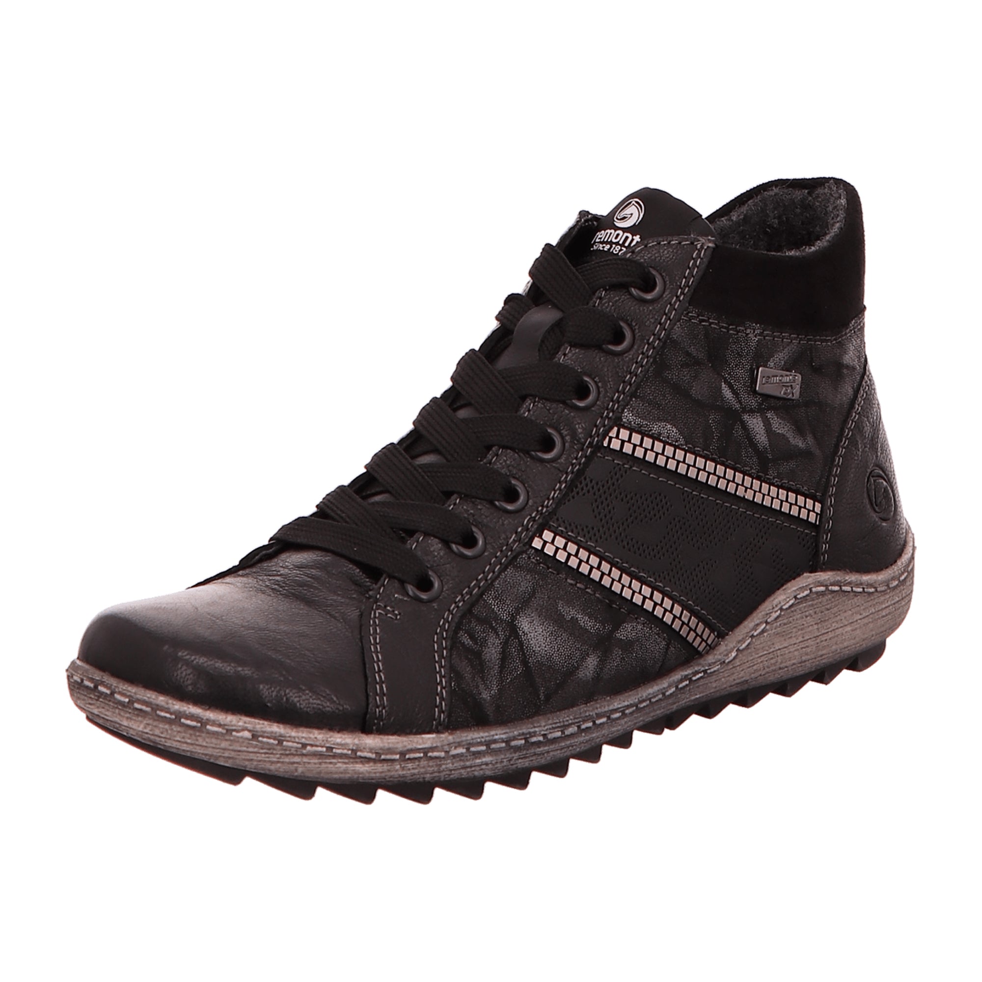 Remonte Women's Black Leather Ankle Boots with Zip and Lace-Up Closure
