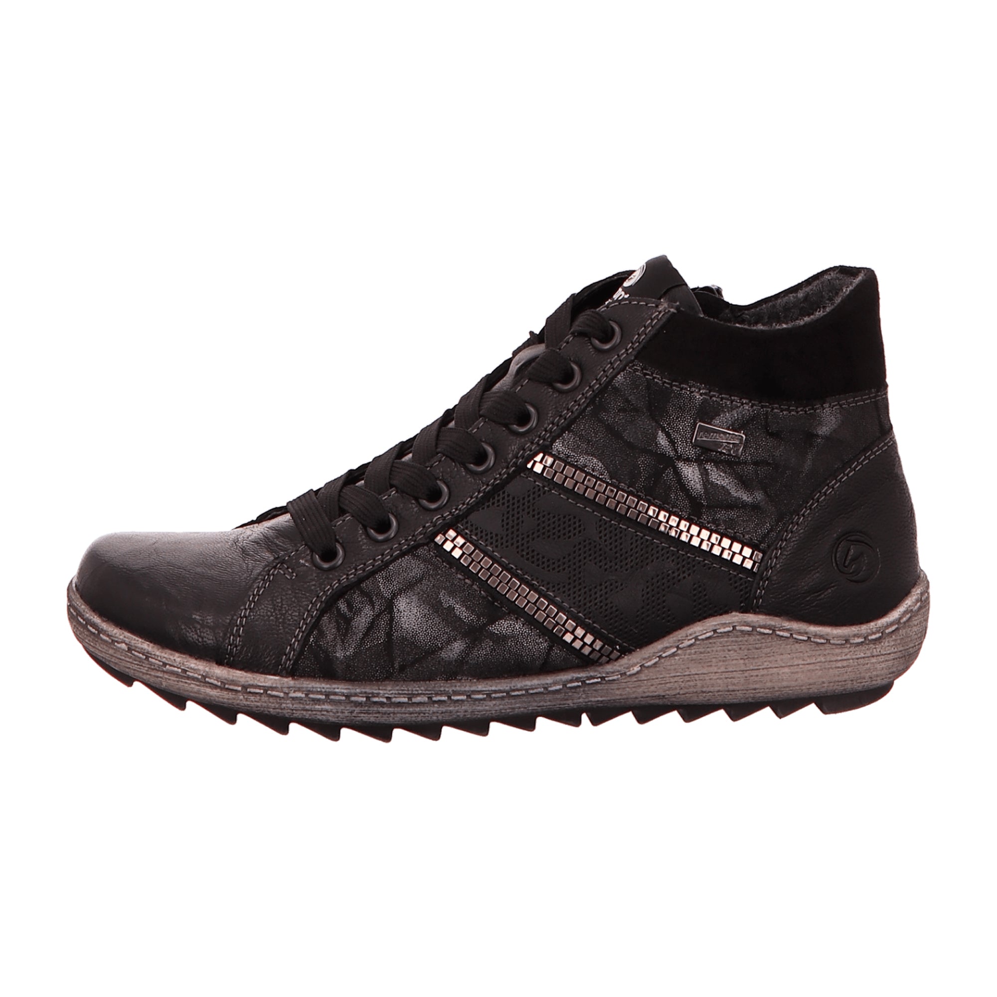 Remonte Women's Black Leather Ankle Boots with Zip and Lace-Up Closure