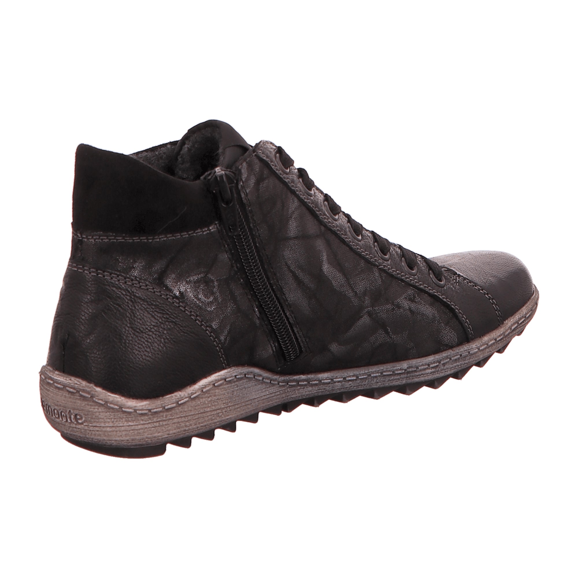 Remonte Women's Black Leather Ankle Boots with Zip and Lace-Up Closure