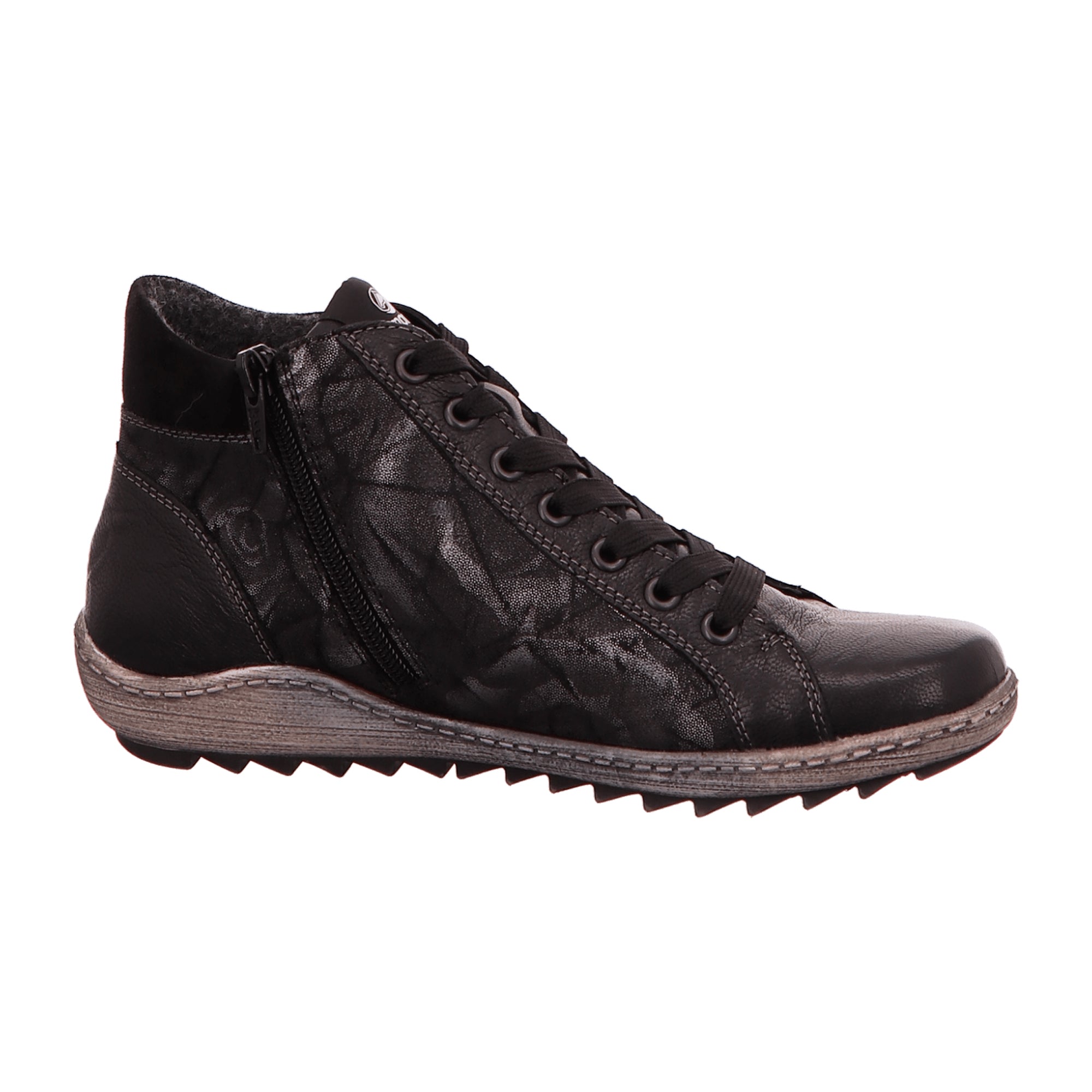 Remonte Women's Black Leather Ankle Boots with Zip and Lace-Up Closure