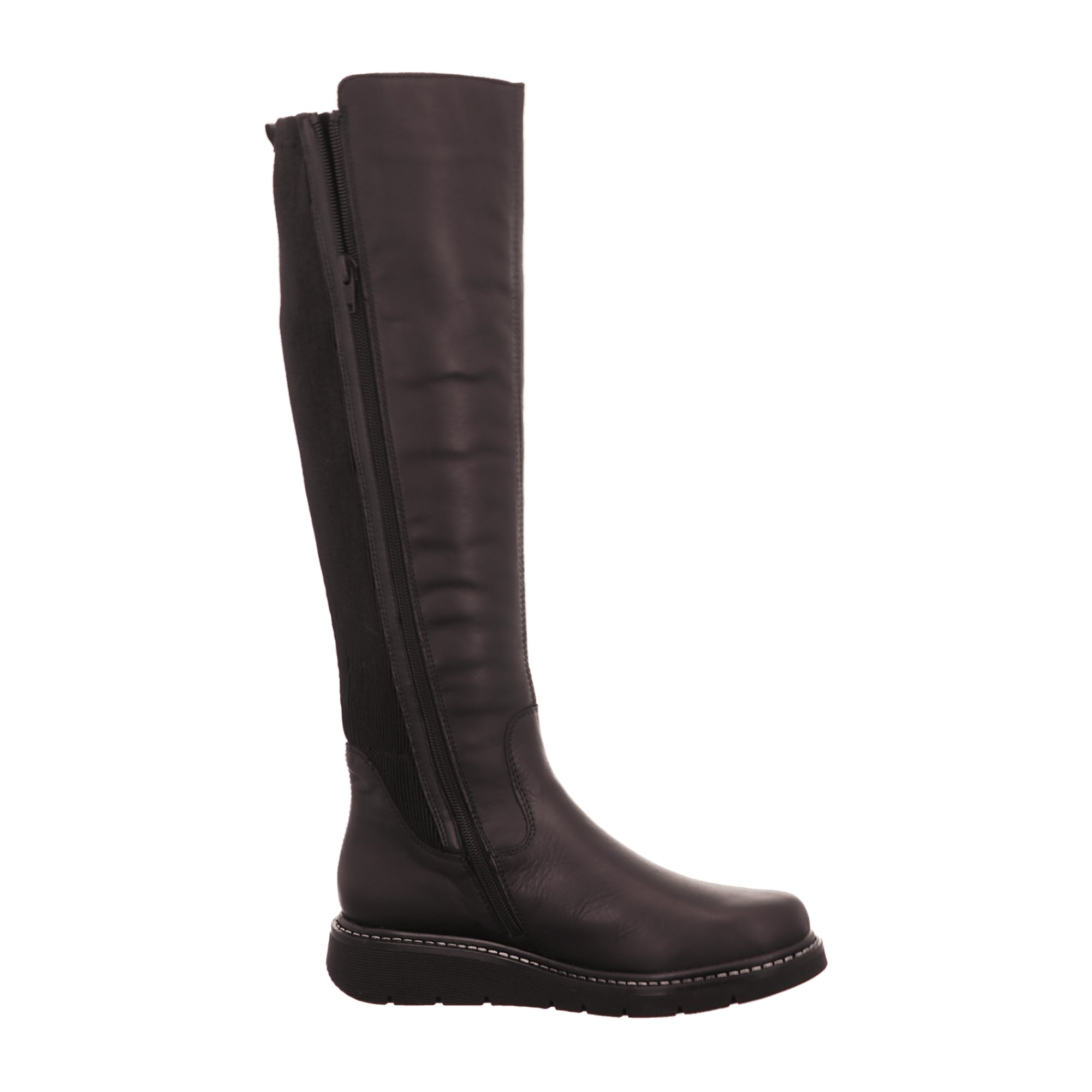 Remonte Women's Black Leather Knee-High Boots with Zipper and Wedge Heel