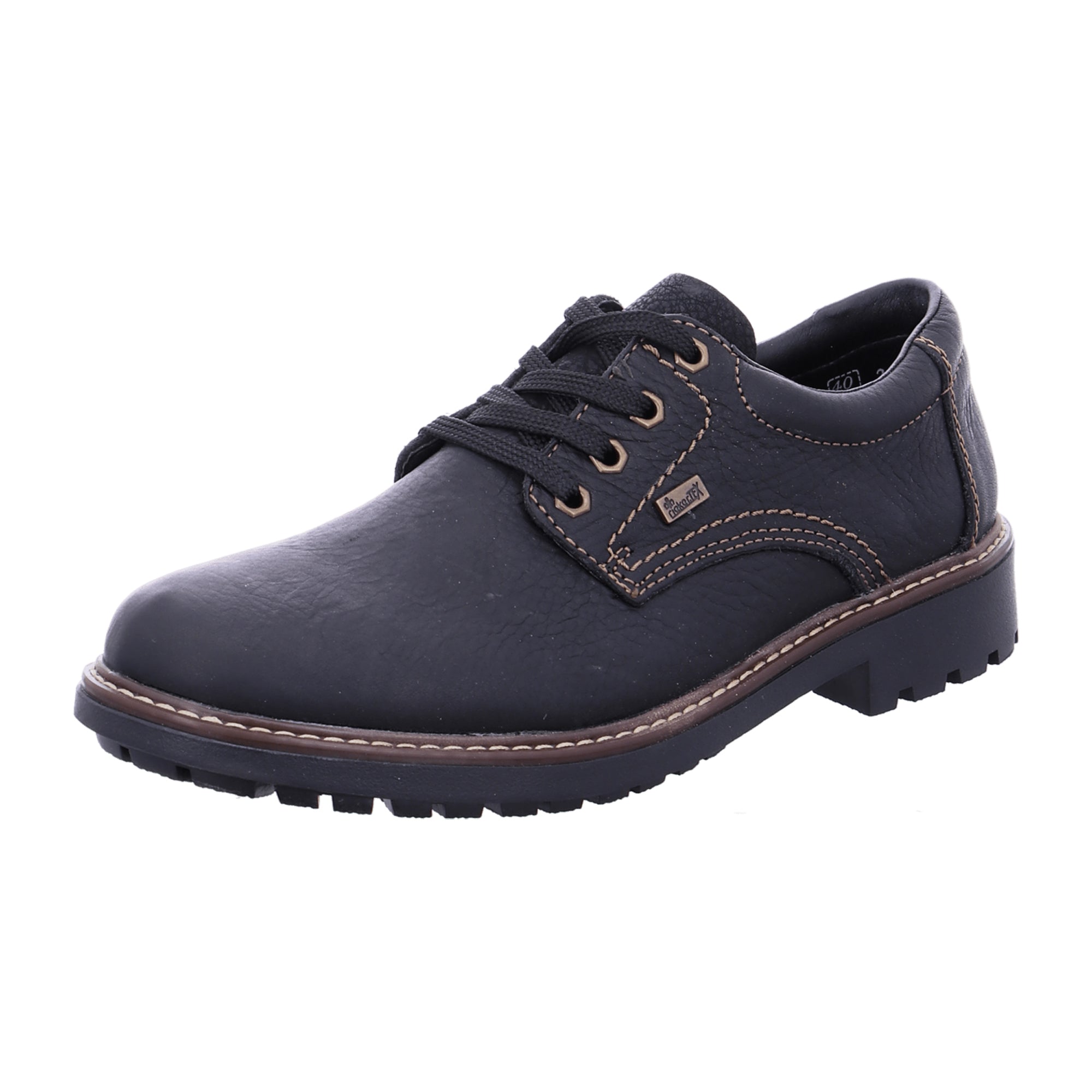 Rieker Men's Black Leather Lace-Up Shoes with Block Heel and Waterproof Tex