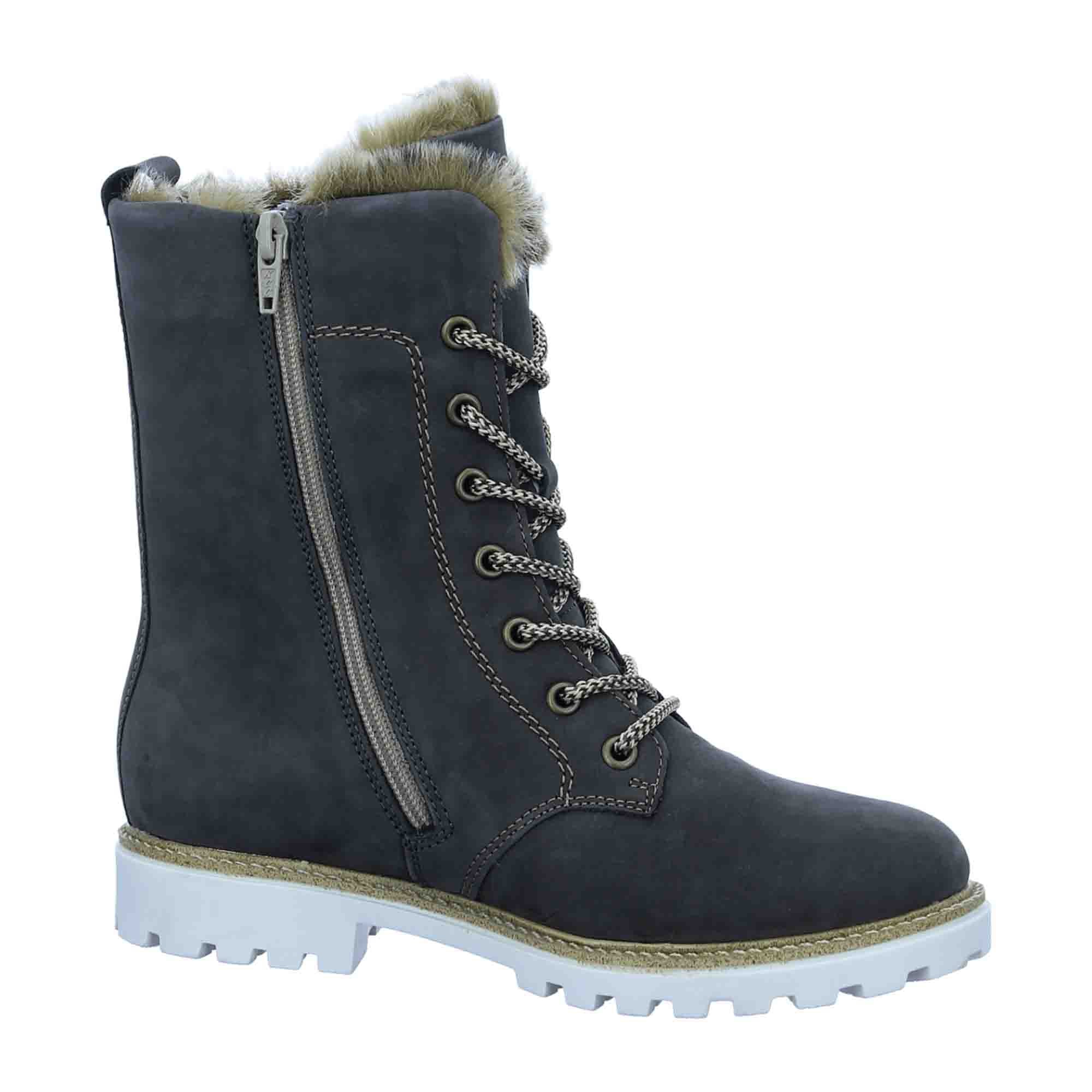 Remonte Women's Gray Suede Ankle Boots with Side Zipper and Lace-Up Closure