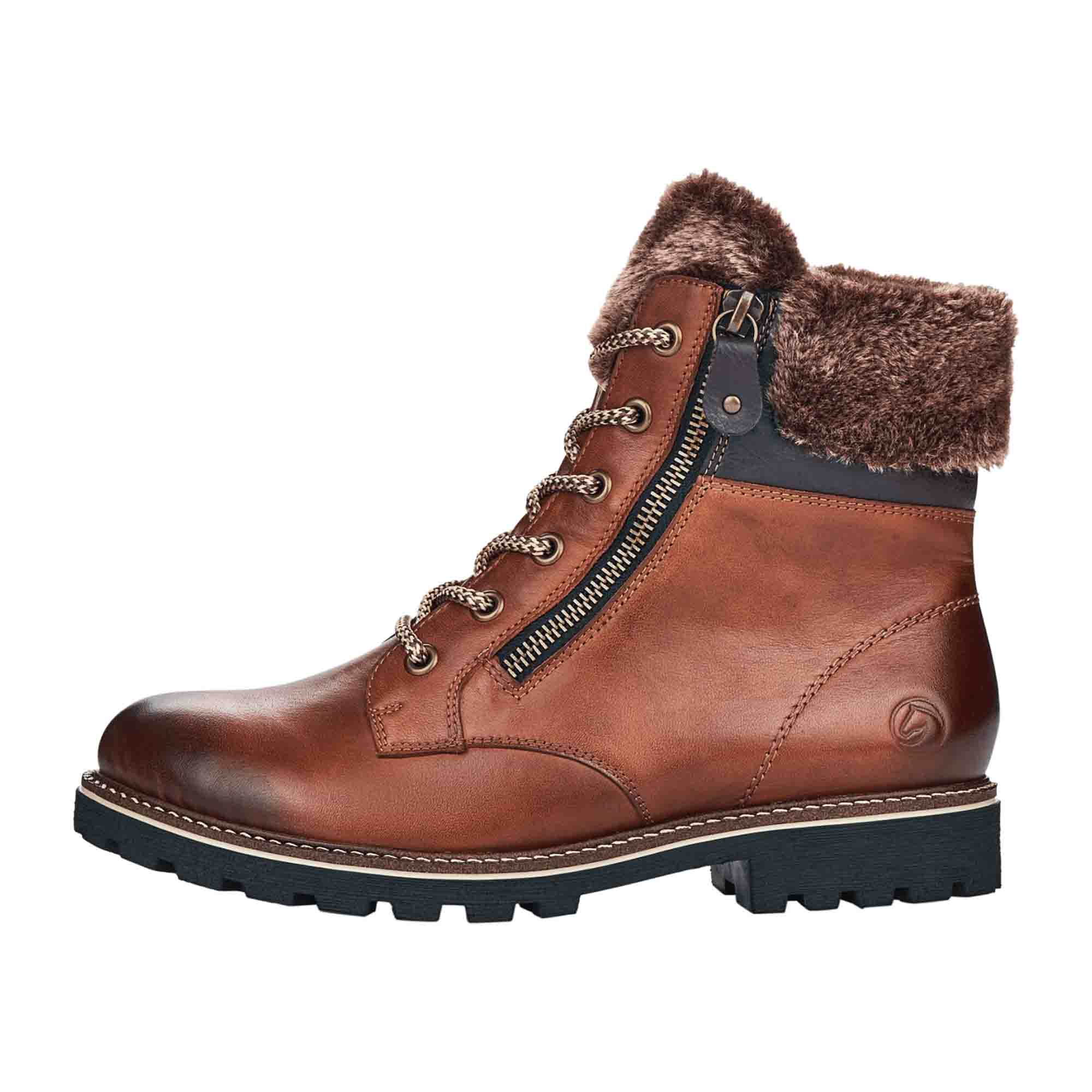 Remonte Brown Leather Winter Boots for Women with Fur Lining and Zip Closure
