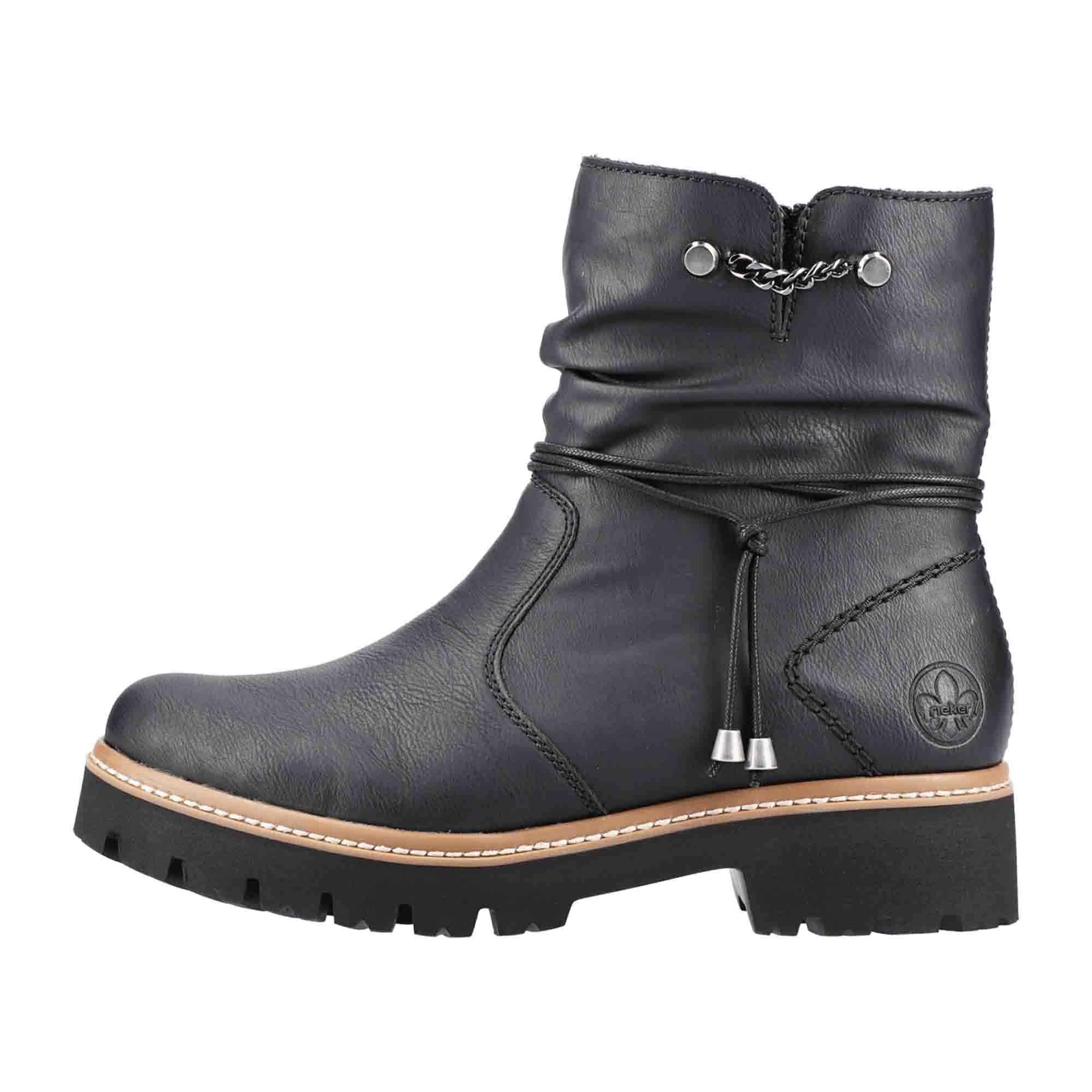Rieker Women's Black Ankle Boots with Side Zipper and Warm Lining