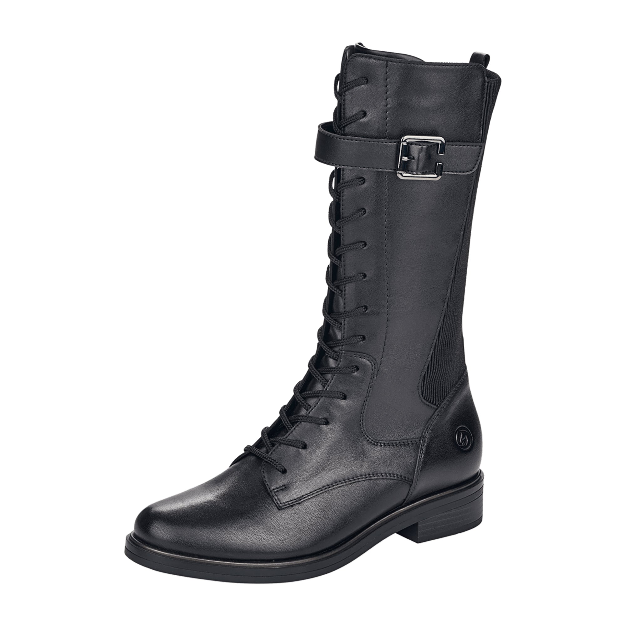 Remonte D838101 Women's Black Leather Boots with Buckle and Side Zipper