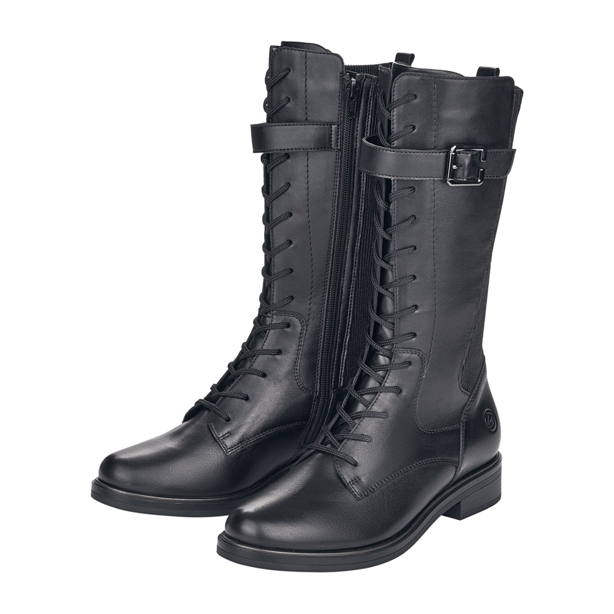 Remonte D838101 Women's Black Leather Boots with Buckle and Side Zipper