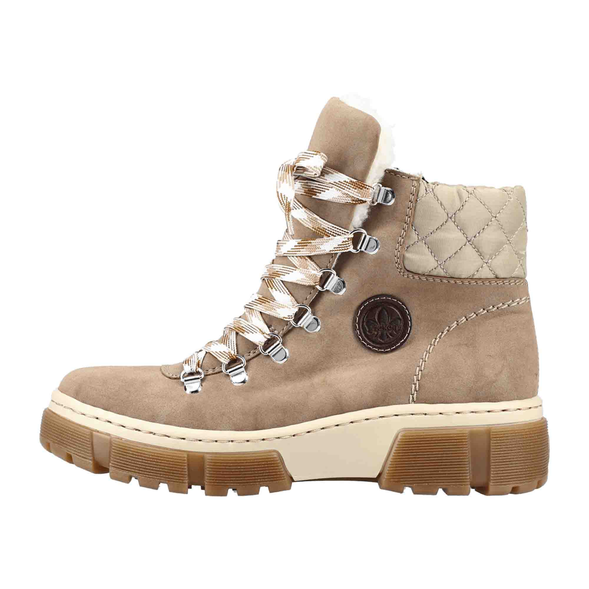 Rieker Beige Women's Lace-Up Ankle Boots with Warm Lining and Removable Insole