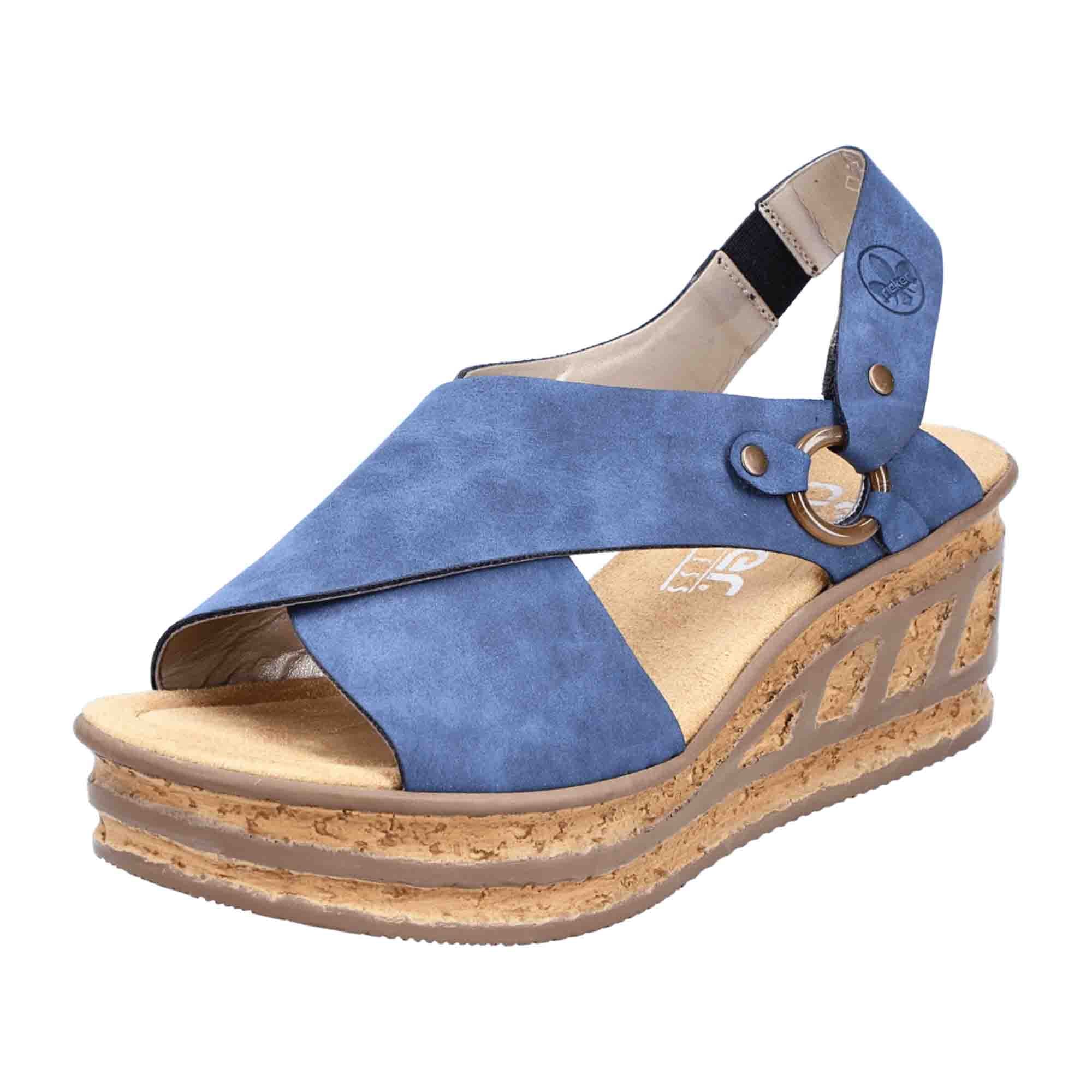 Rieker Women's Blue Sandals with Wedge Heel and Open Toe for Summer