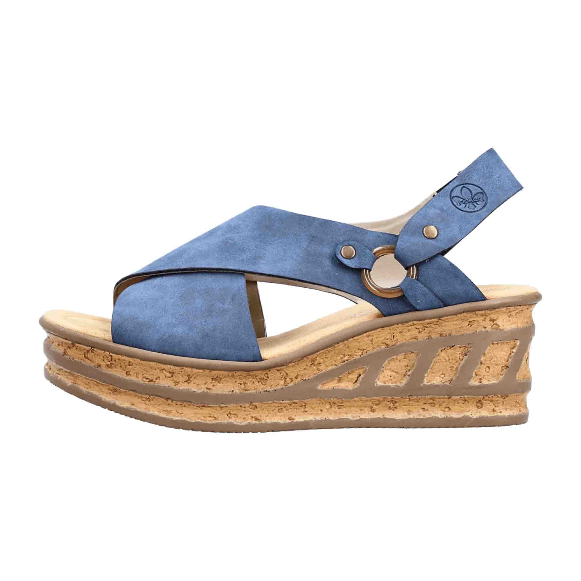 Rieker Women's Blue Sandals with Wedge Heel and Open Toe for Summer