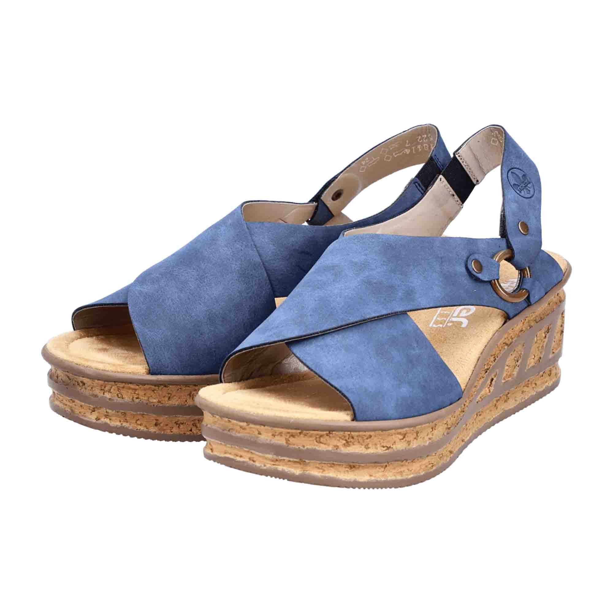 Rieker Women's Blue Sandals with Wedge Heel and Open Toe for Summer