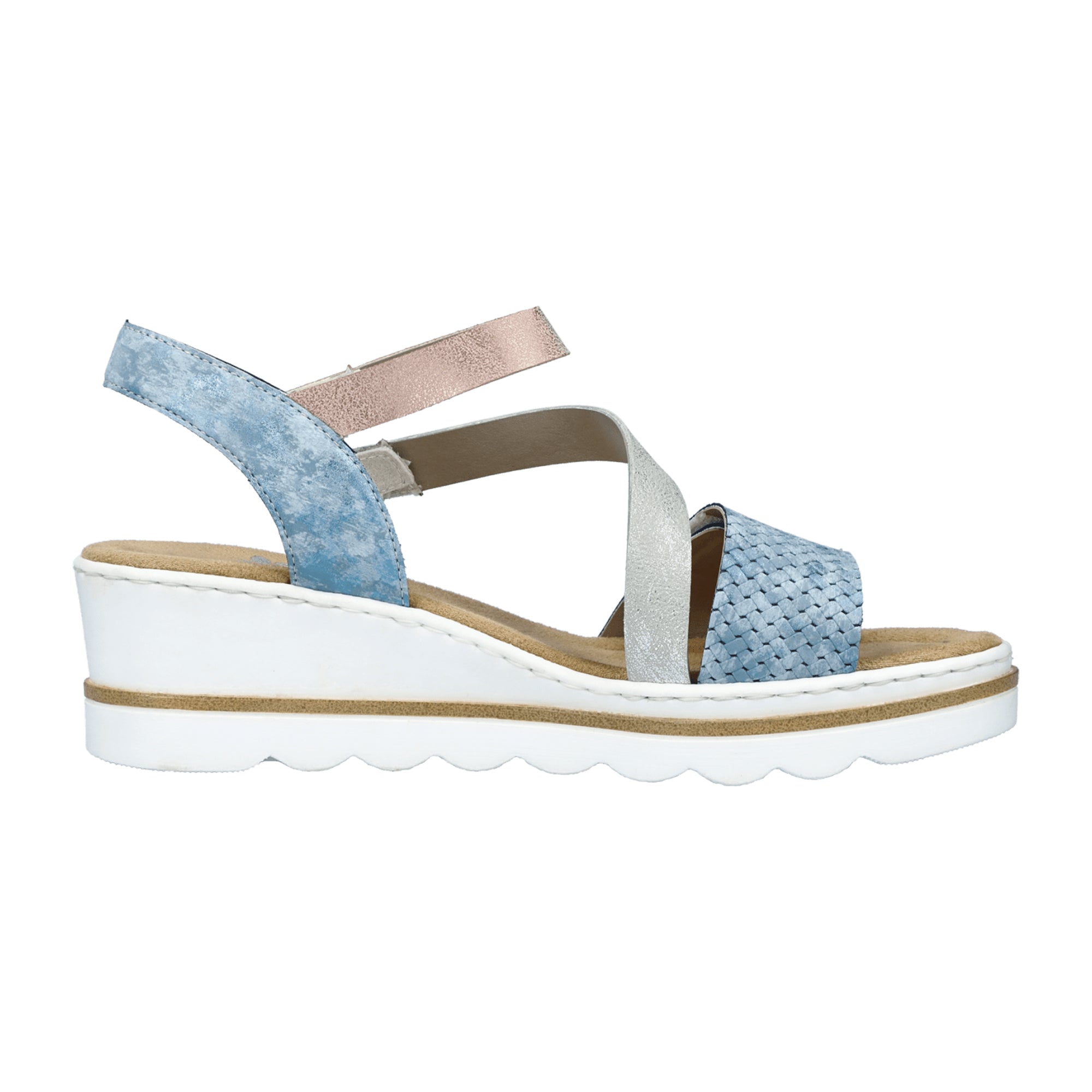 Rieker Blue Combination Women's Sandals with Wedge Heel and Open Toe